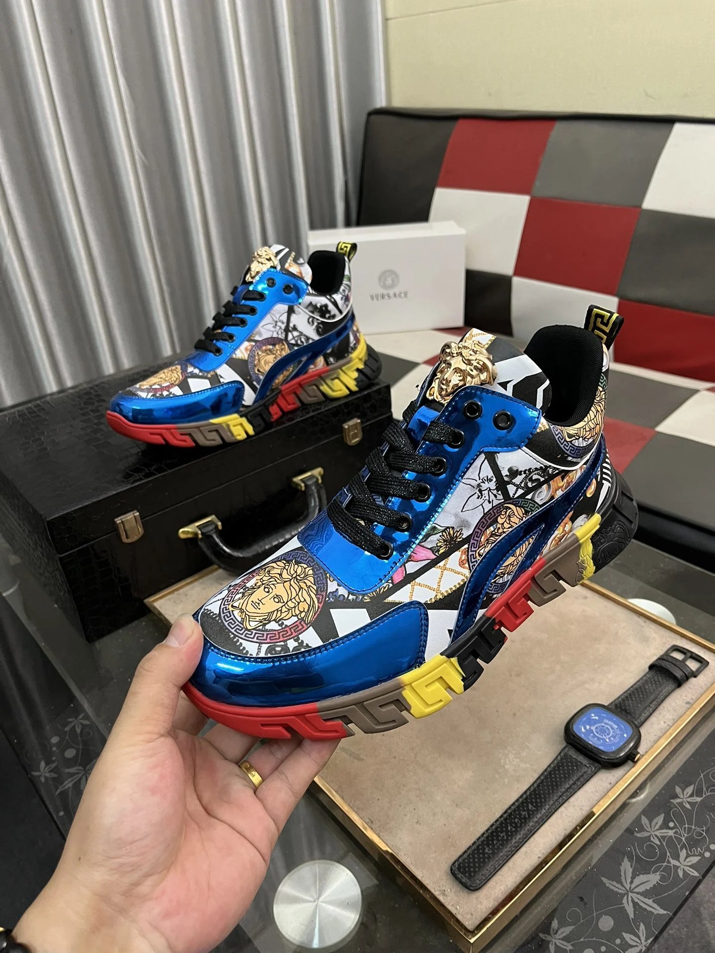 Luxury Leather Fashion Sneakers Multicolor Azure - Gallery Image 5 - Detailed View