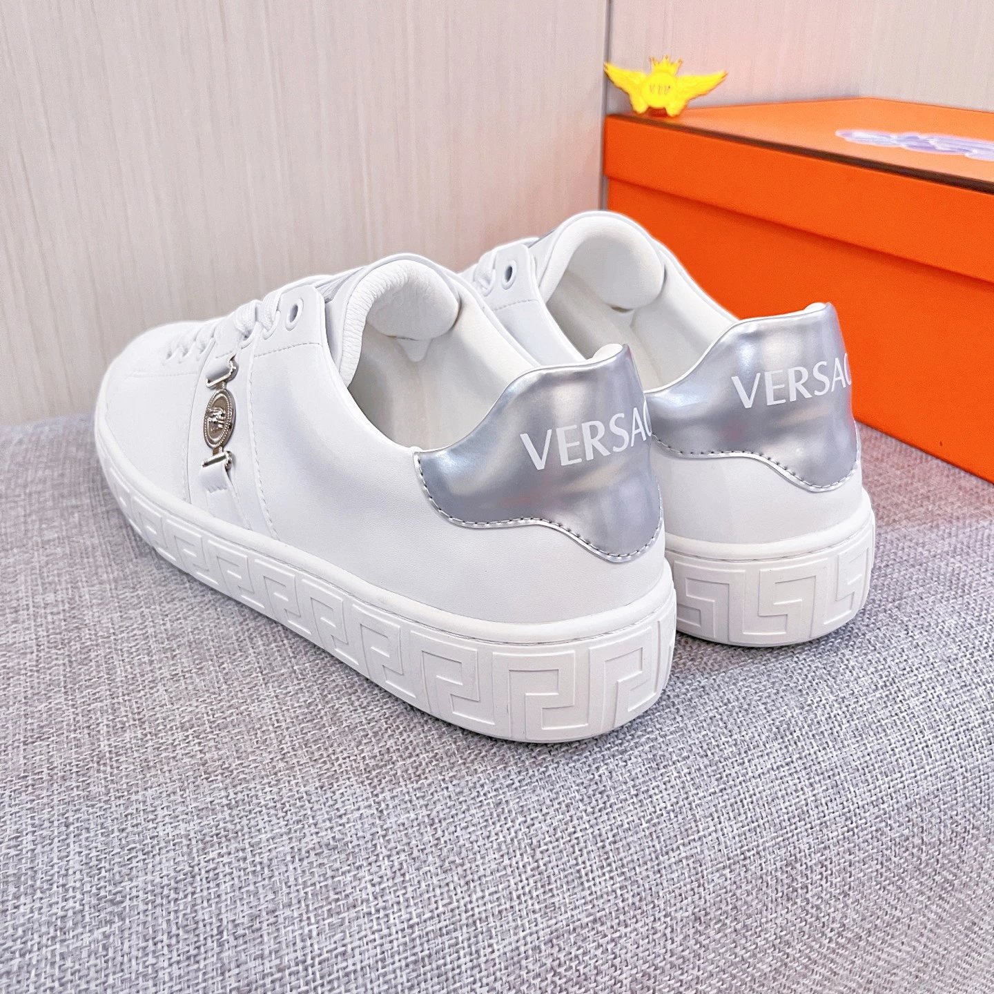Luxury Leather Low Top Sneakers in Pearl White - Gallery Image 9 - Detailed View