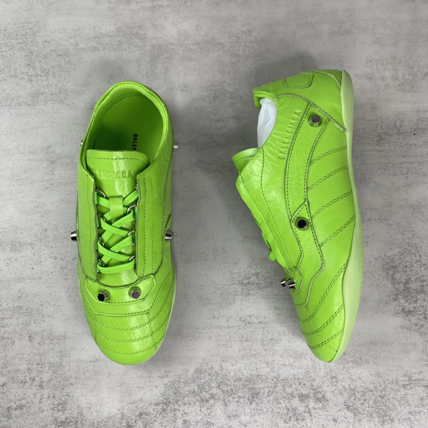 Punk Leather Lace-Up Sneakers with Metal Studs Neon Lime - Gallery Image 3 - Detailed View