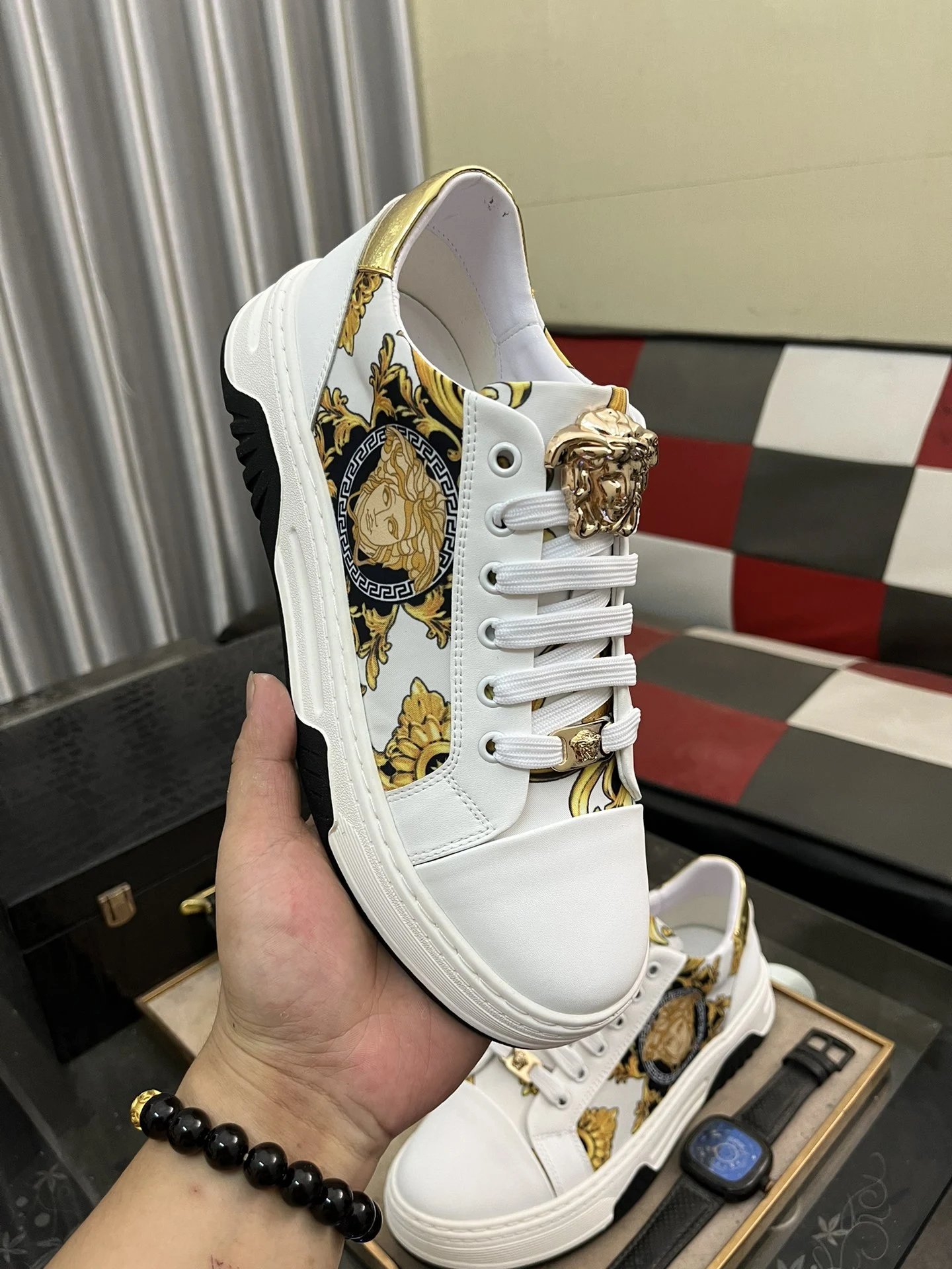 Luxury Leather Low Top Sneakers Baroque White Gold - Gallery Image 4 - Detailed View