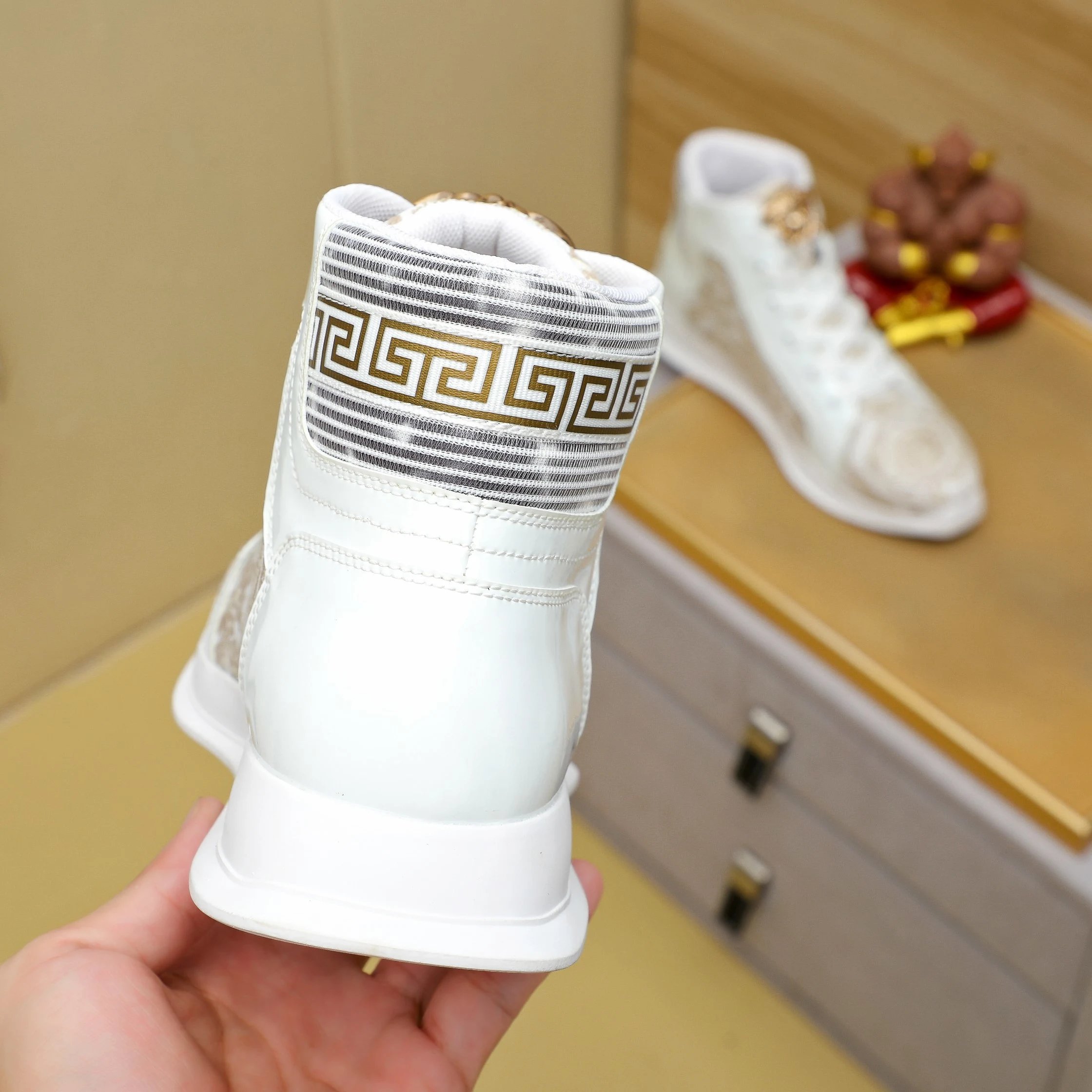 Baroque Leather High Top Sneakers Ivory - Gallery Image 8 - Detailed View