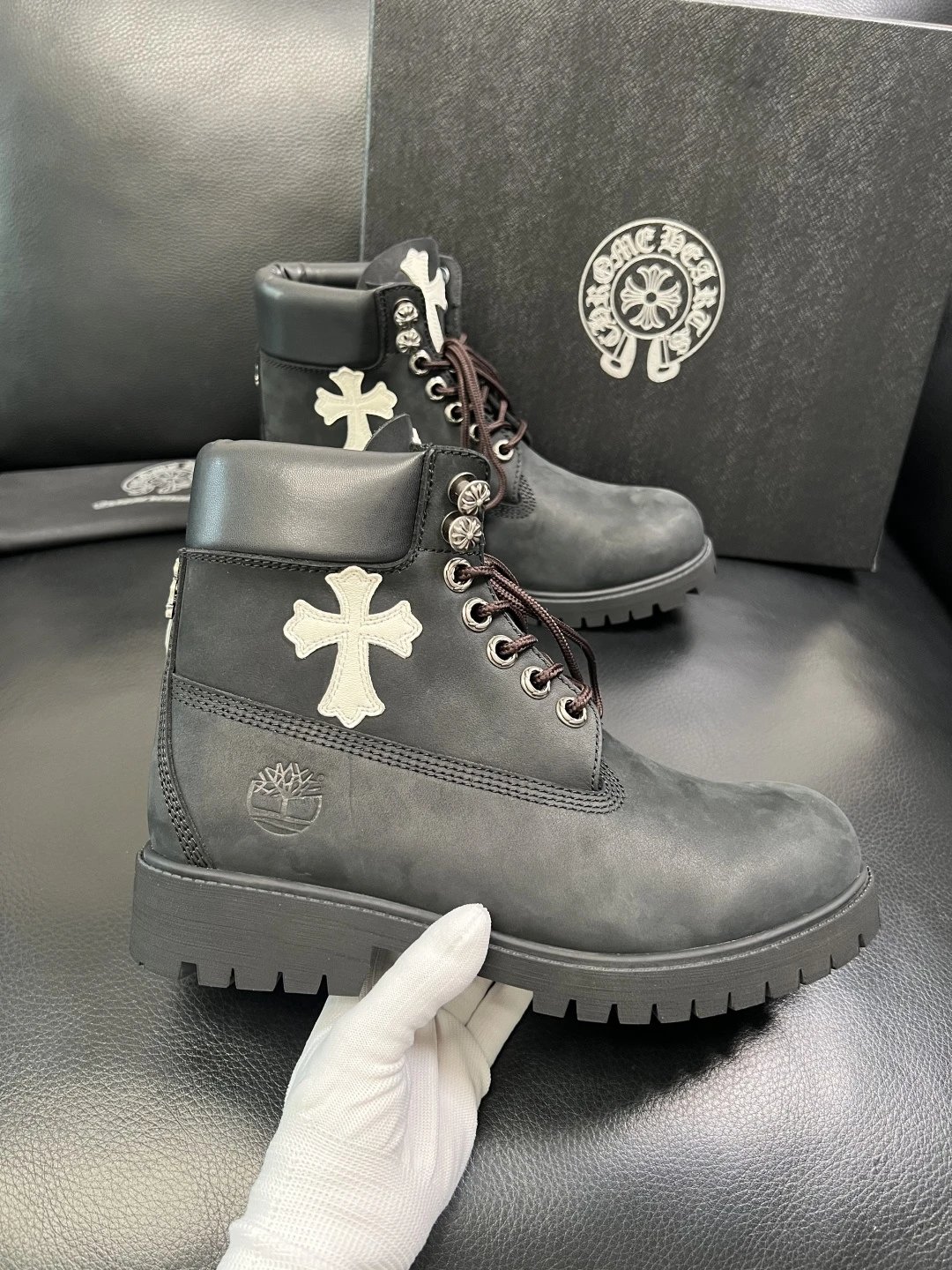 Luxury Leather Cross Boots Charcoal - Gallery Image 4 - Detailed View