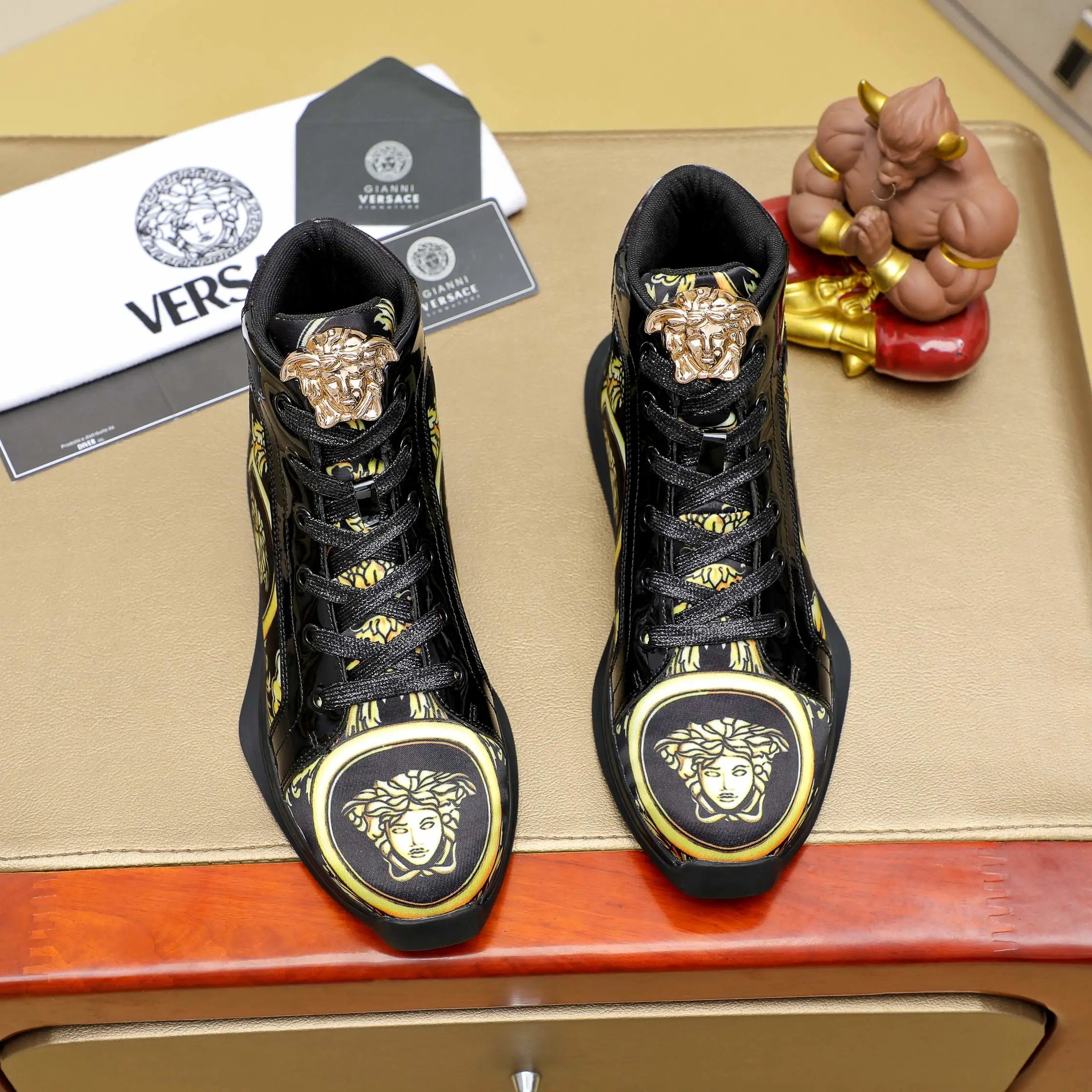 Luxury High Top Leather Sneakers Baroque Black Gold - Gallery Image 2 - Detailed View