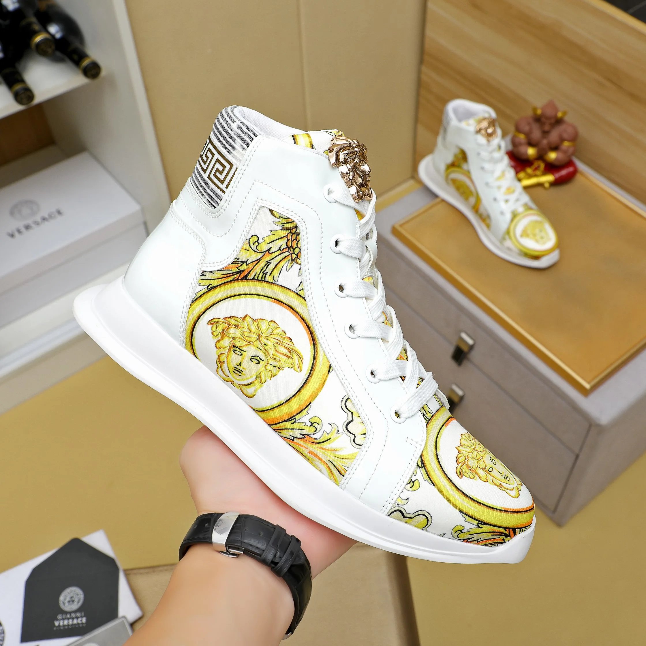 Baroque High Top Leather Sneakers White Gold - Gallery Image 3 - Detailed View
