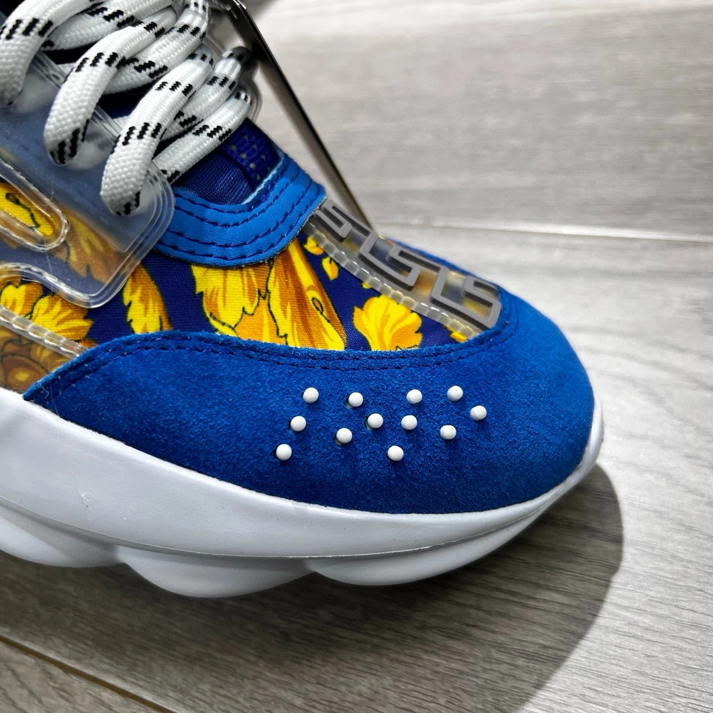 Baroque Print Leather Sneakers with White Sole in Royal Blue - Gallery Image 7 - Detailed View