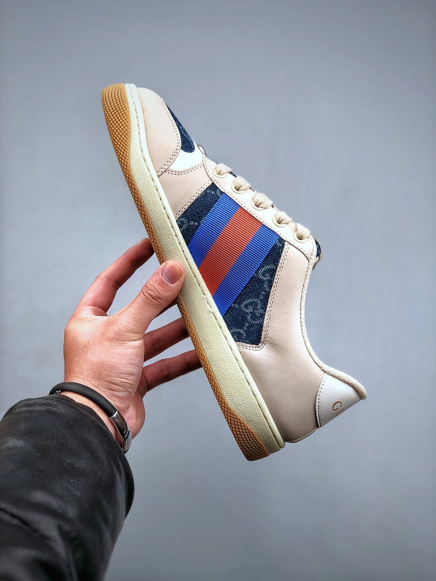 Gucci Distressed Screener Beige Sneaker Blue Red - Gallery Image 2 - Detailed View