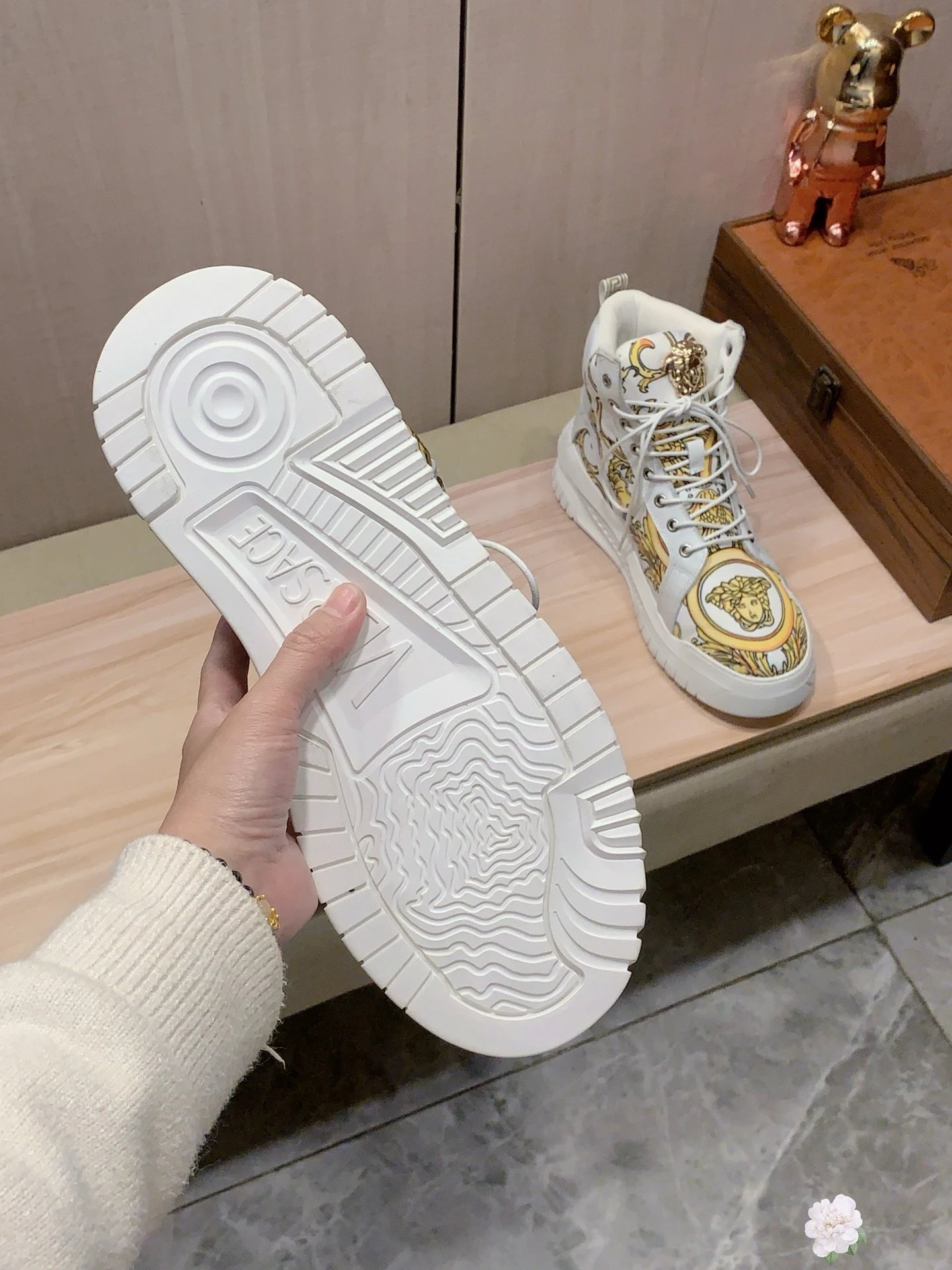 Baroque Leather High Top Sneakers White Gold - Gallery Image 7 - Detailed View