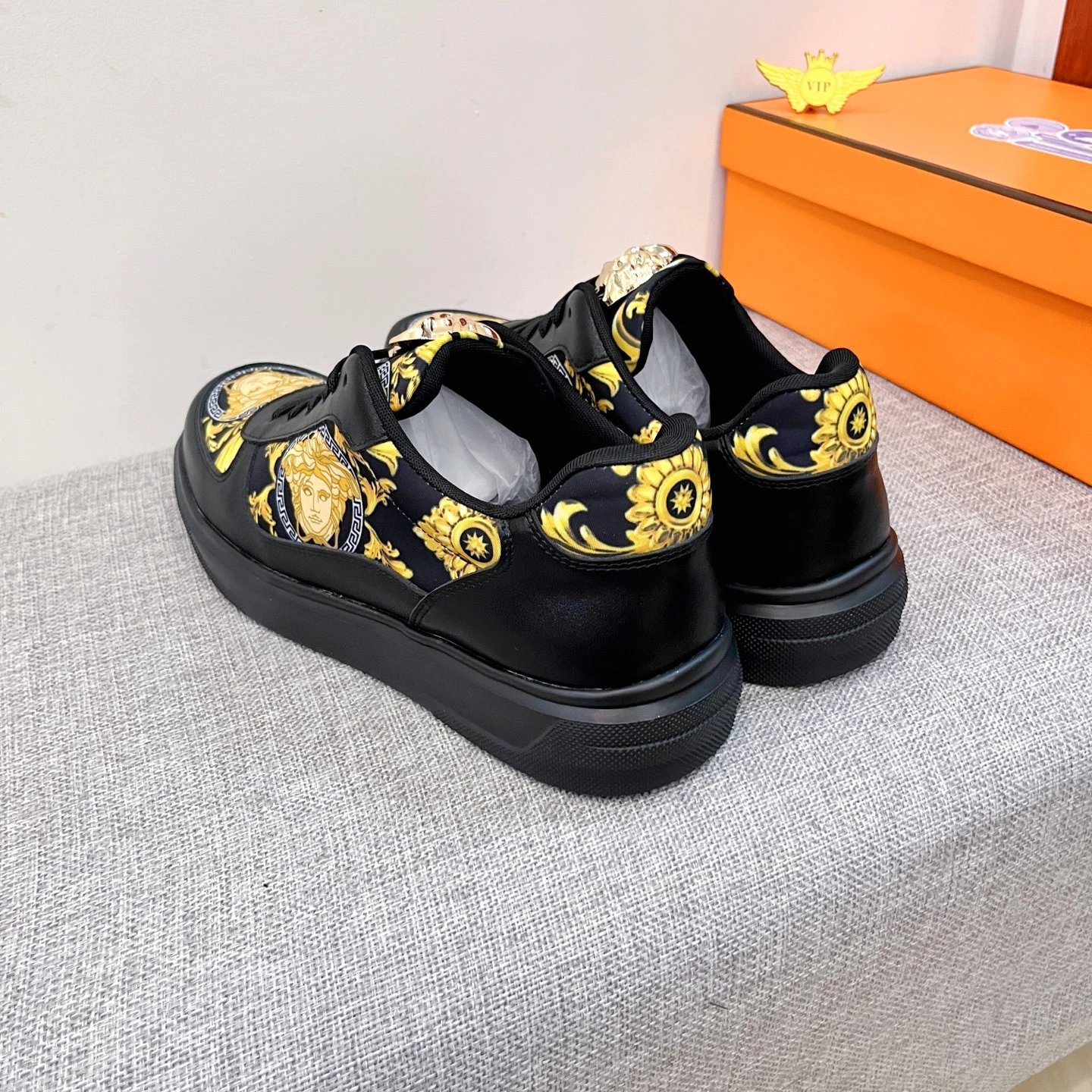 Baroque Leather Sneakers Black Gold with golden Baroque Medusa motifs - Gallery Image 9 - Detailed View