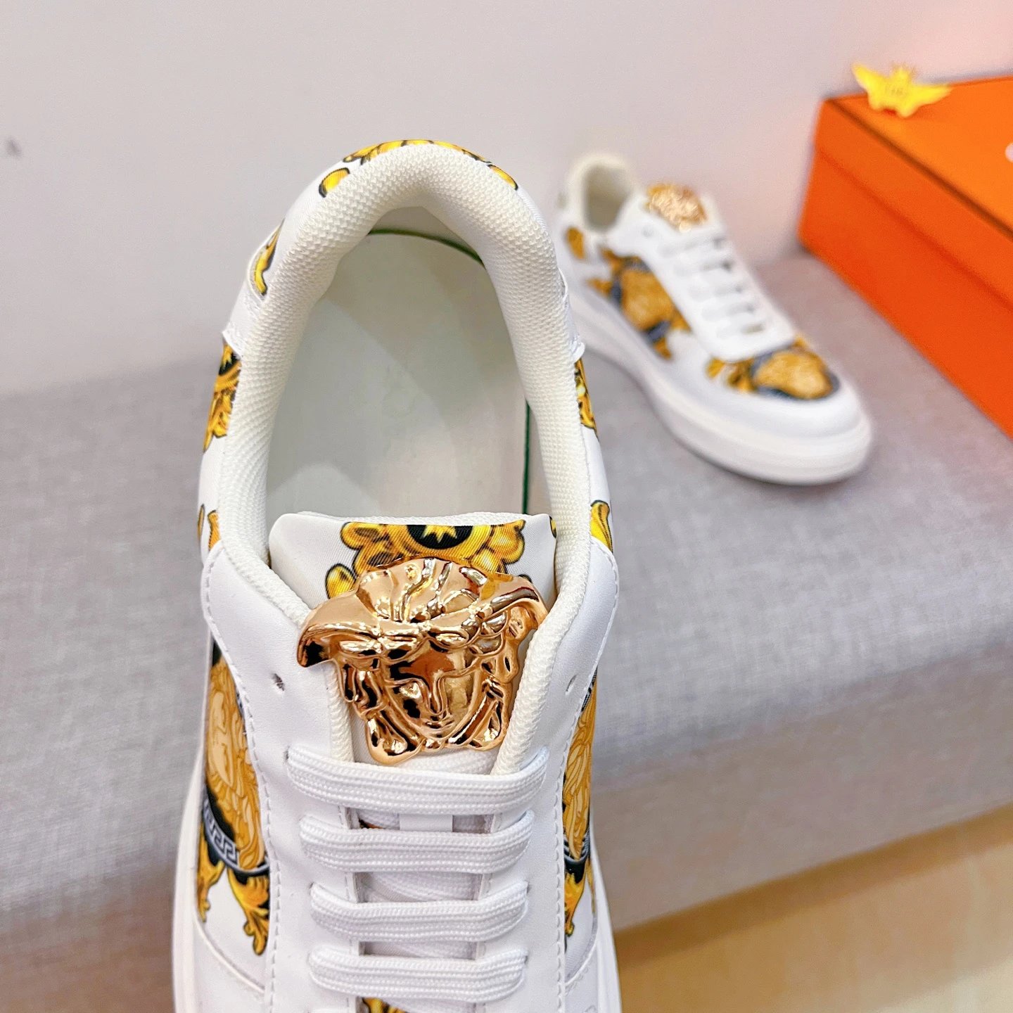 Luxury Leather Low Top Sneakers Baroque Gold White - Gallery Image 7 - Detailed View