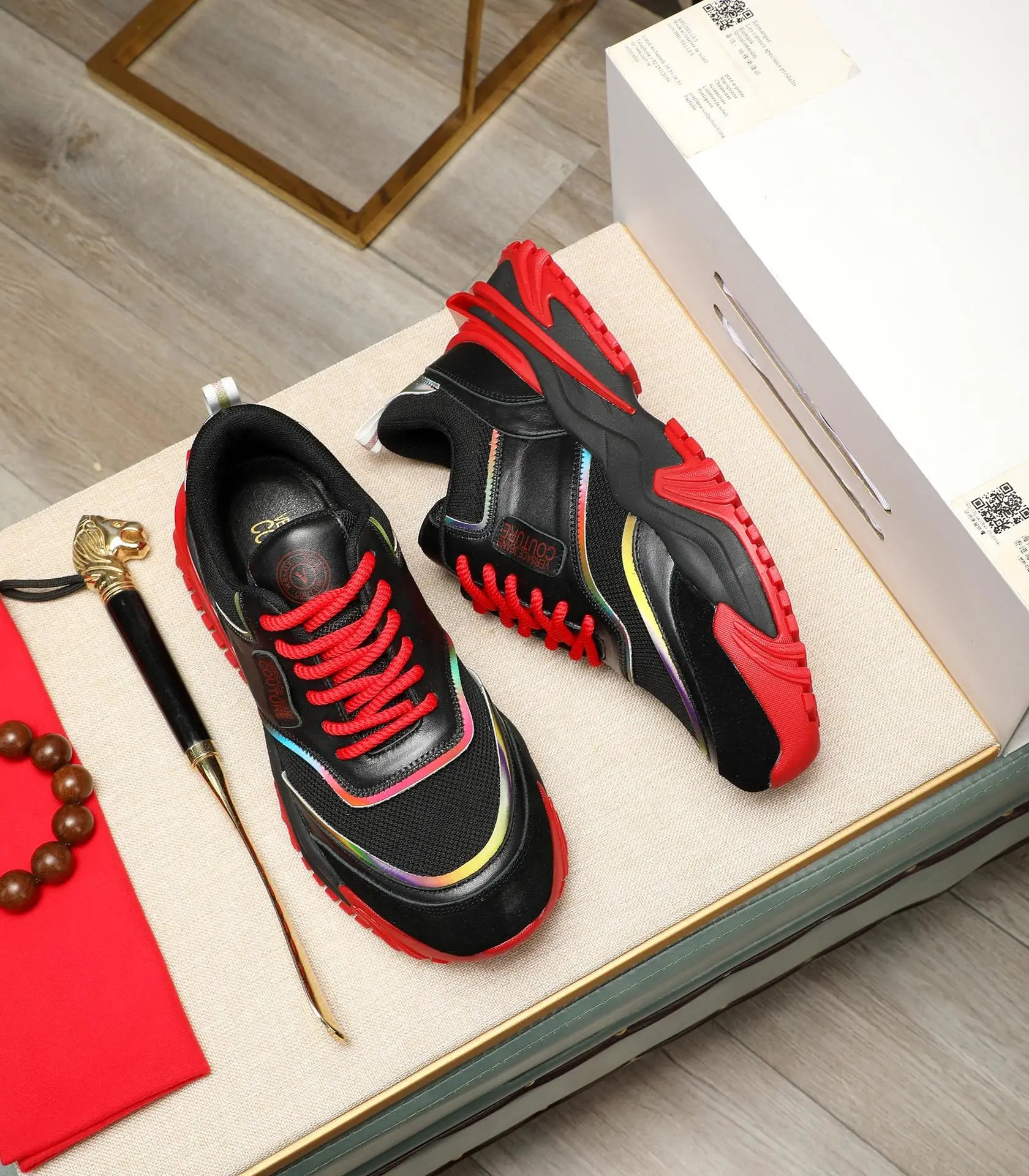 Chunky Calfskin Mesh Sneakers Crimson Black - Gallery Image 3 - Detailed View