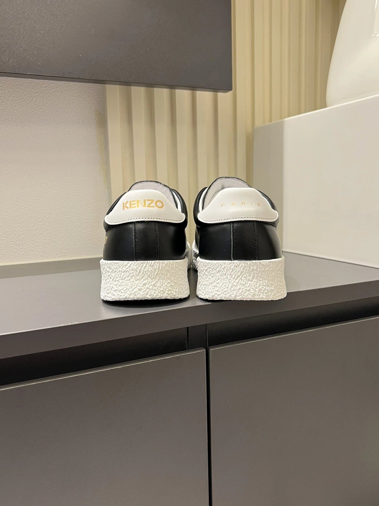 Kenzo Black Leather Sneakers White Accent - Gallery Image 9 - Detailed View