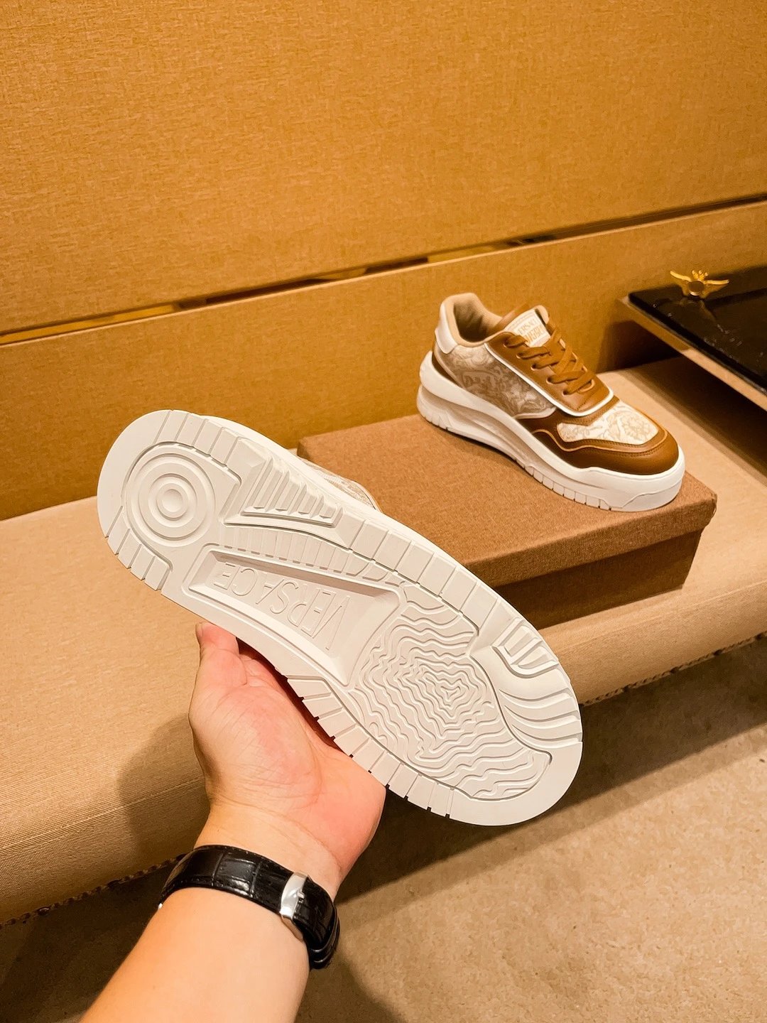 Luxury Leather Sneakers Baroque Camel - Gallery Image 8 - Detailed View