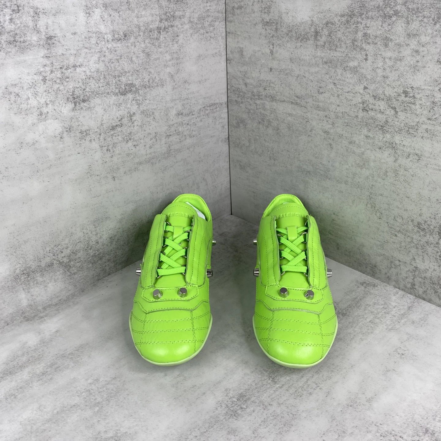 Punk Leather Lace-Up Sneakers with Metal Studs Neon Lime - Gallery Image 4 - Detailed View
