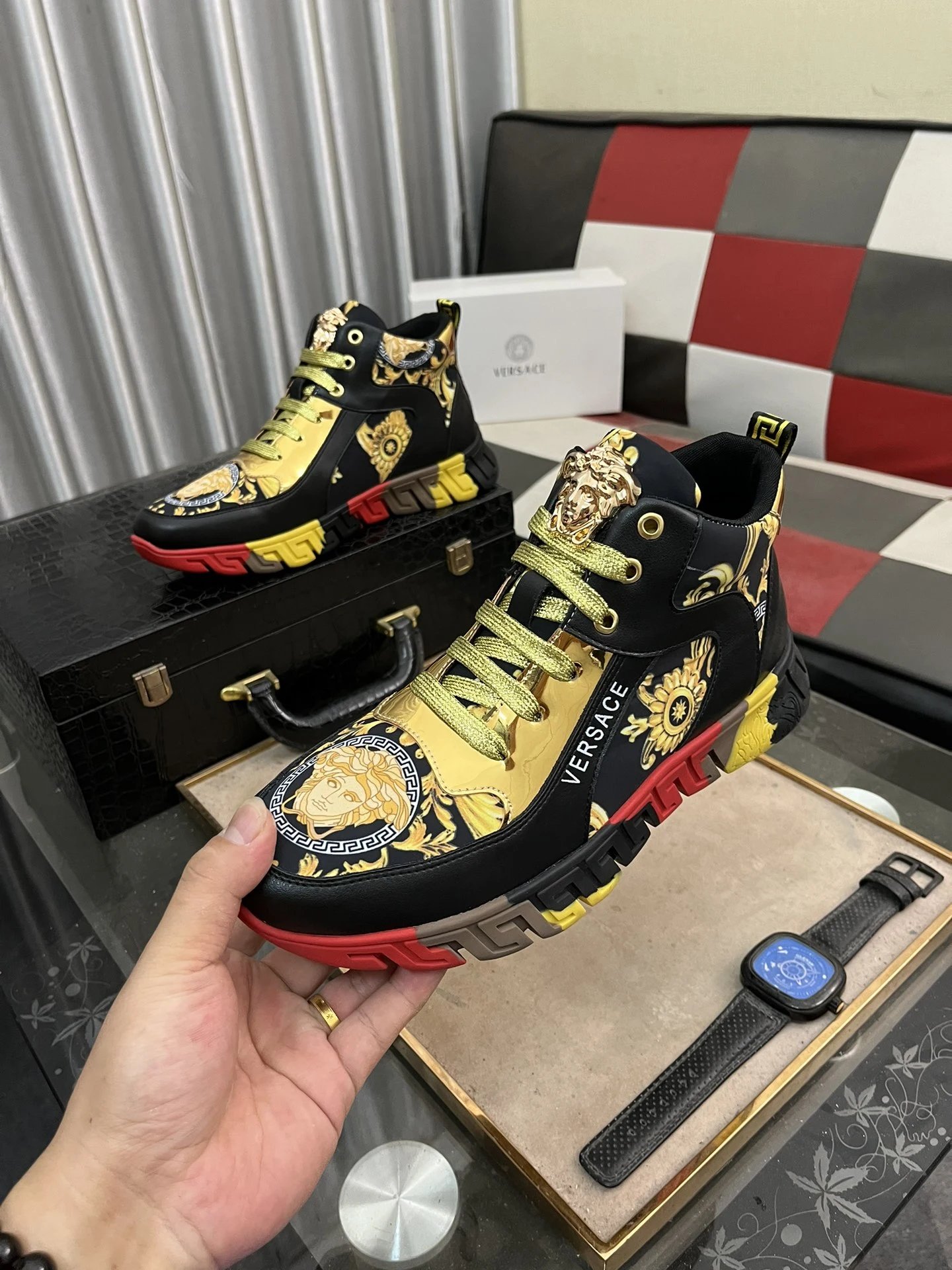 Luxury Leather Medusa Sneakers High Top Black Gold - Gallery Image 5 - Detailed View