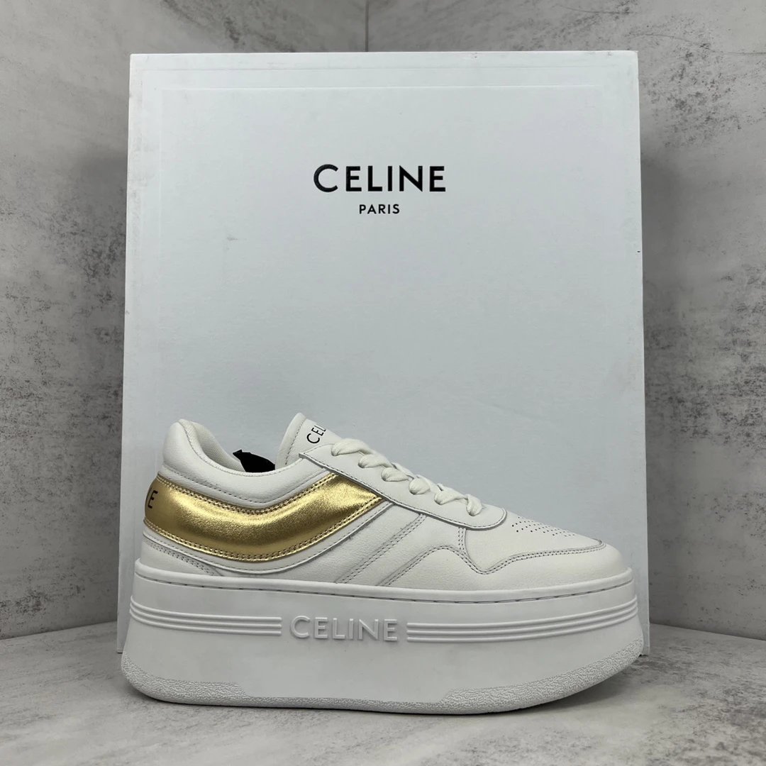 Platform Leather Sneakers Retro Chunky Sole in White Gold - Gallery Image 1 - Detailed View