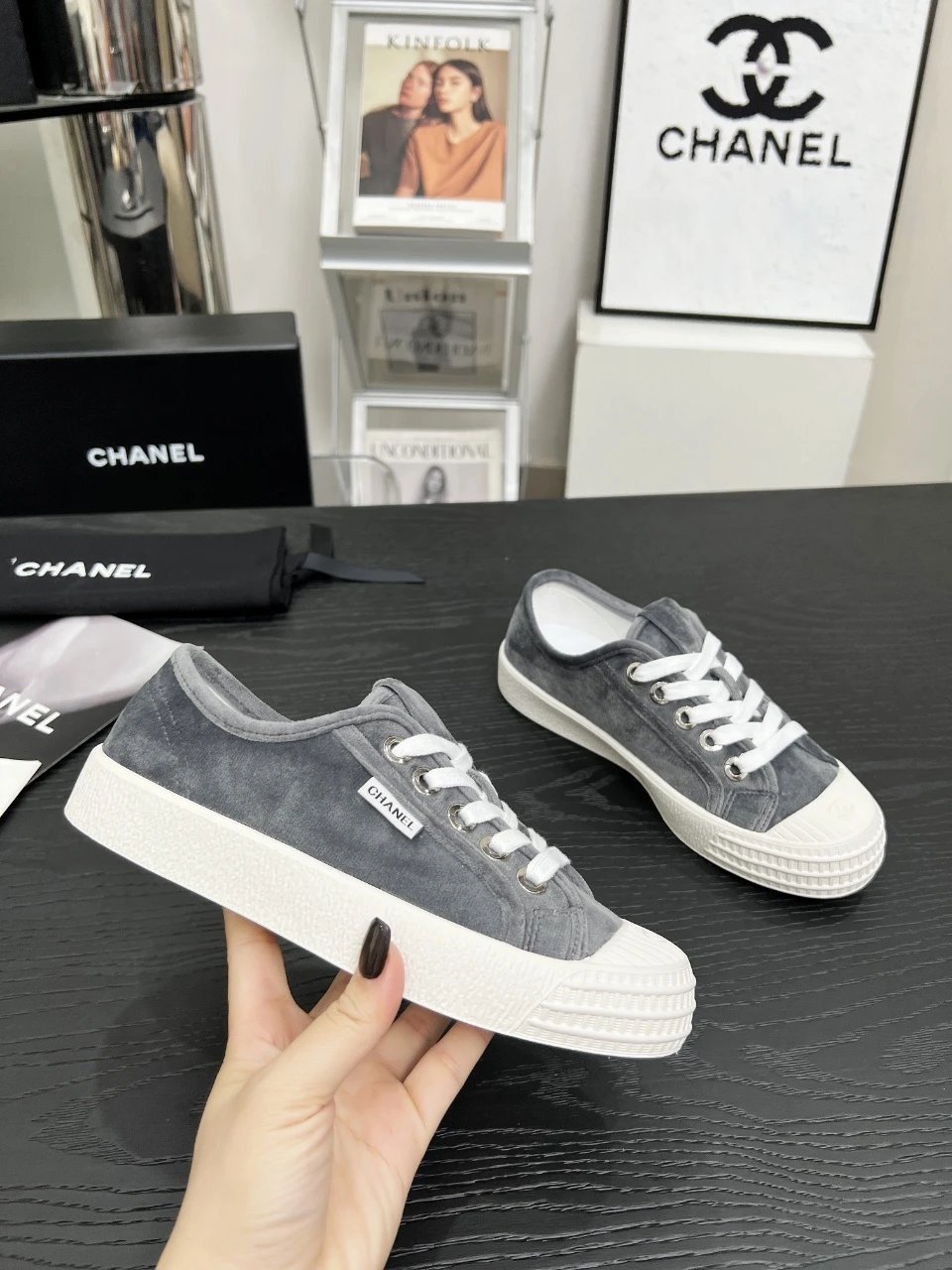 Chanel Vintage Velvet Sneakers Grey - Gallery Image 6 - Detailed View