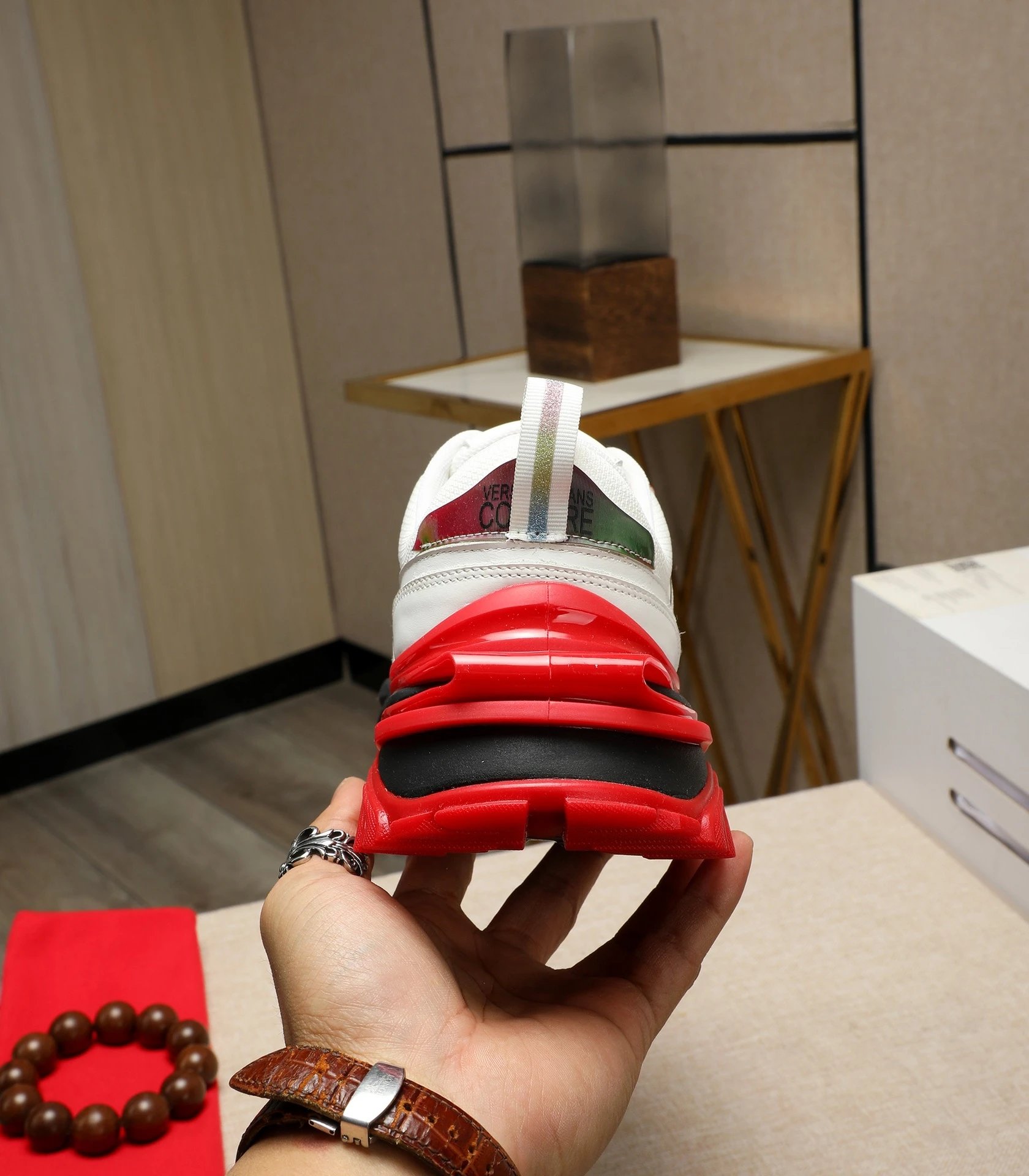 Luxury Calfskin Mesh Sneakers Crimson White - Gallery Image 7 - Detailed View