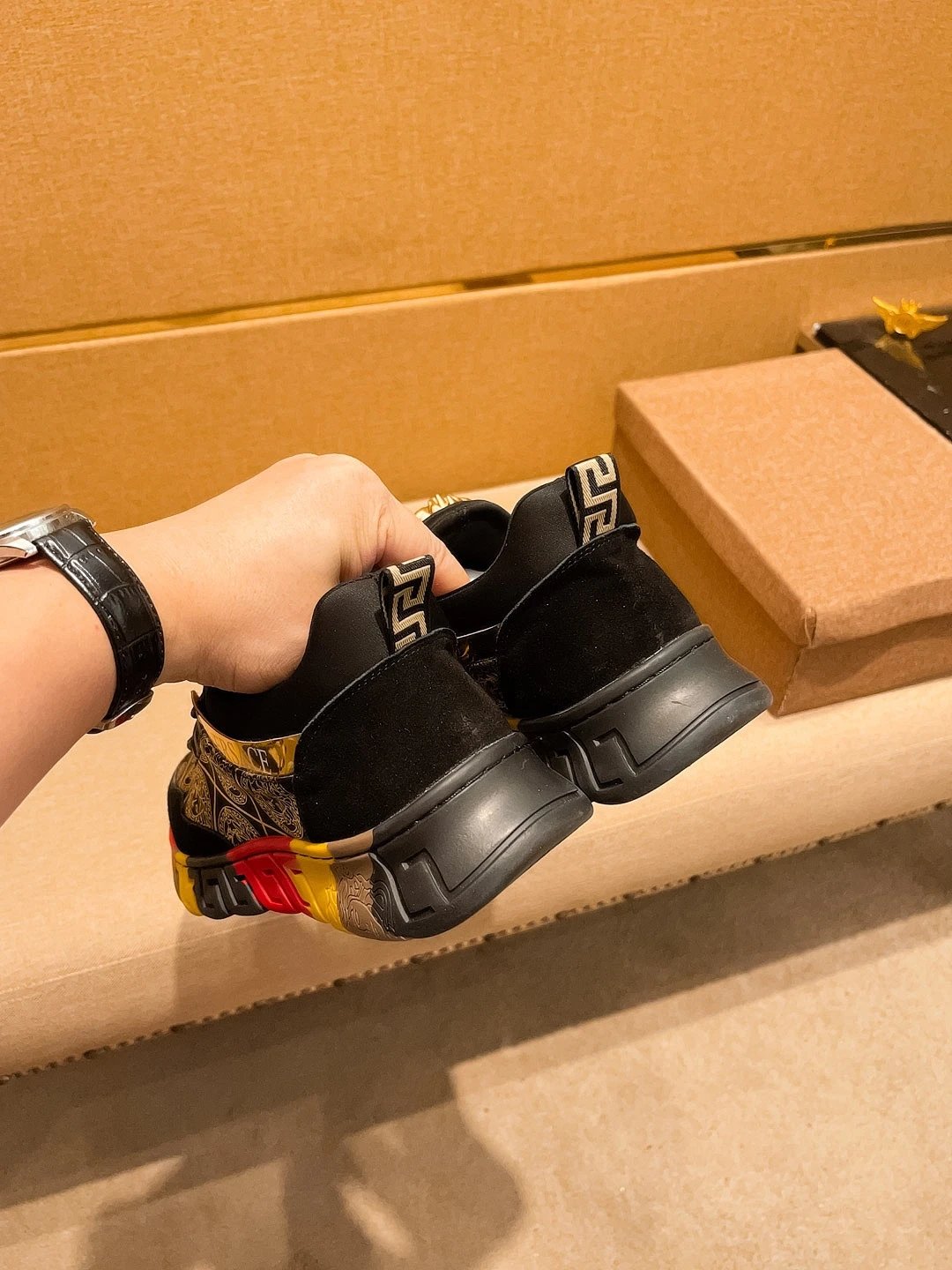 Baroque Leather Sneakers Black Gold Red - Gallery Image 9 - Detailed View