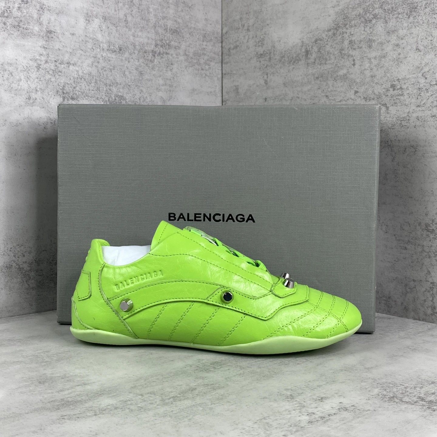 Punk Leather Lace-Up Sneakers with Metal Studs Neon Lime - Gallery Image 1 - Detailed View