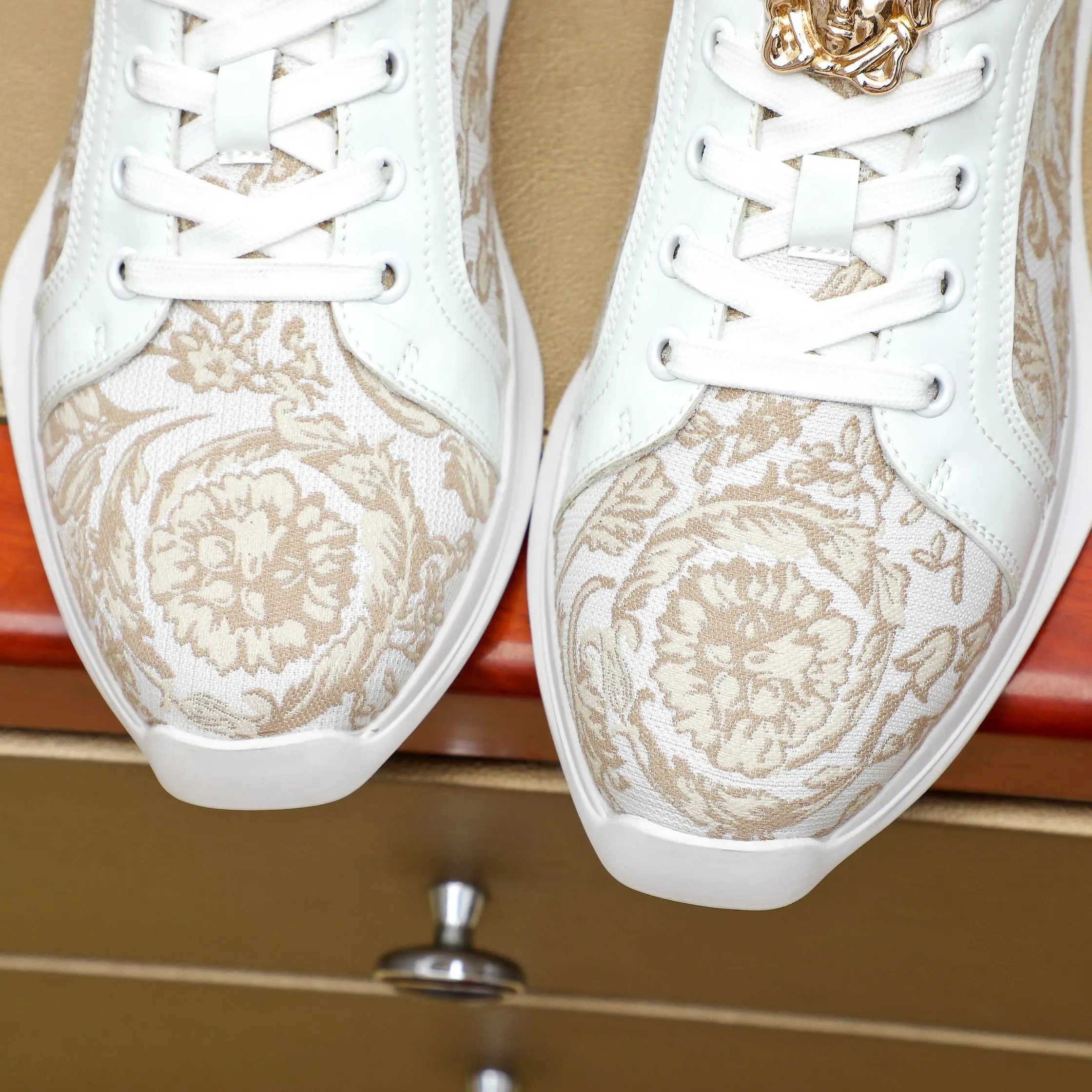 Luxury Jacquard Leather Sneakers for Men Ivory Beige - Gallery Image 6 - Detailed View