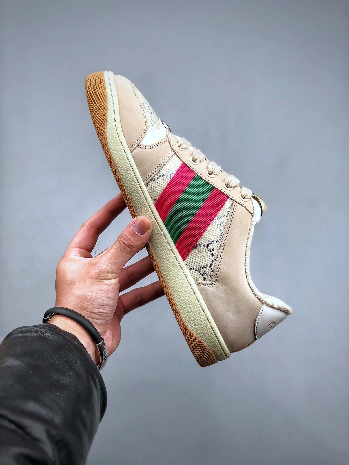 Gucci Distressed Screener Beige Sneakers Red Green - Gallery Image 2 - Detailed View