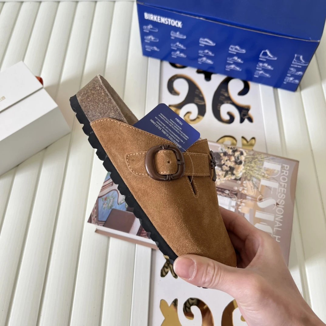 Suede Cross Buckle Closed Toe Clogs Camel Brown - Gallery Image 9 - Detailed View