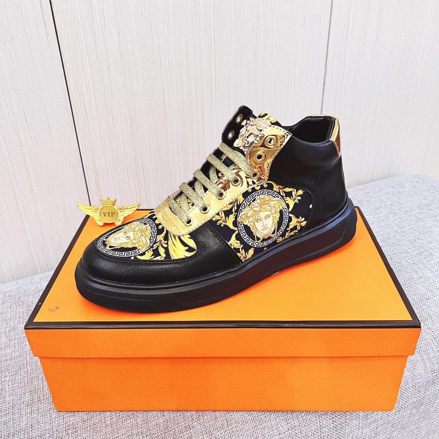 Baroque Leather High Top Sneakers Gold Black - Gallery Image 5 - Detailed View