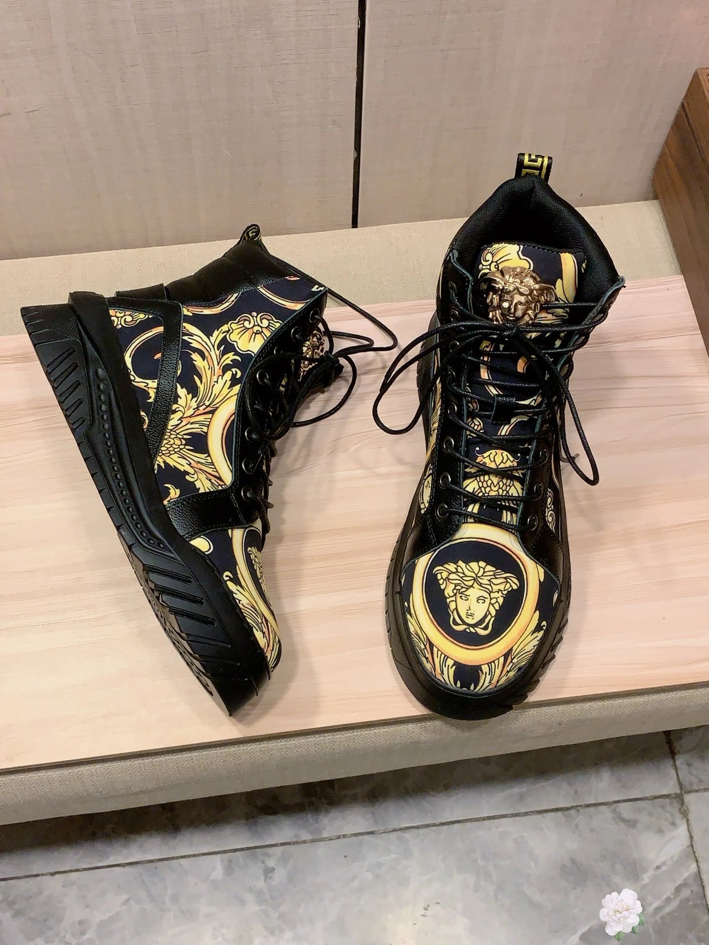 High Top Leather Sneakers Baroque Pattern Black Gold - Gallery Image 6 - Detailed View