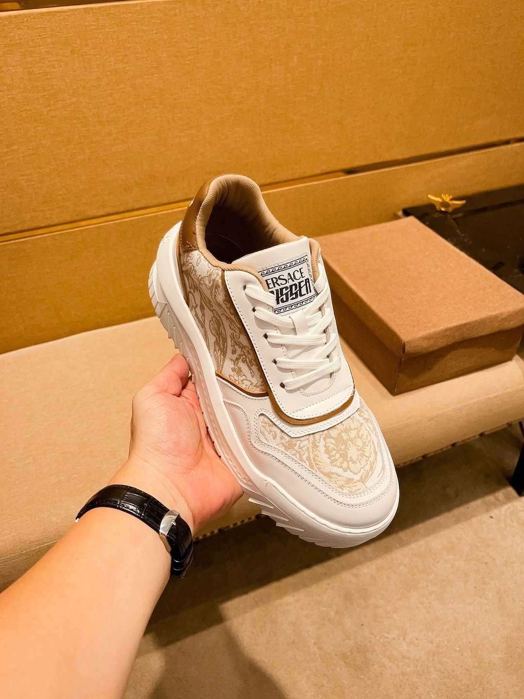 Luxury Leather Sneakers Baroque Beige - Gallery Image 7 - Detailed View