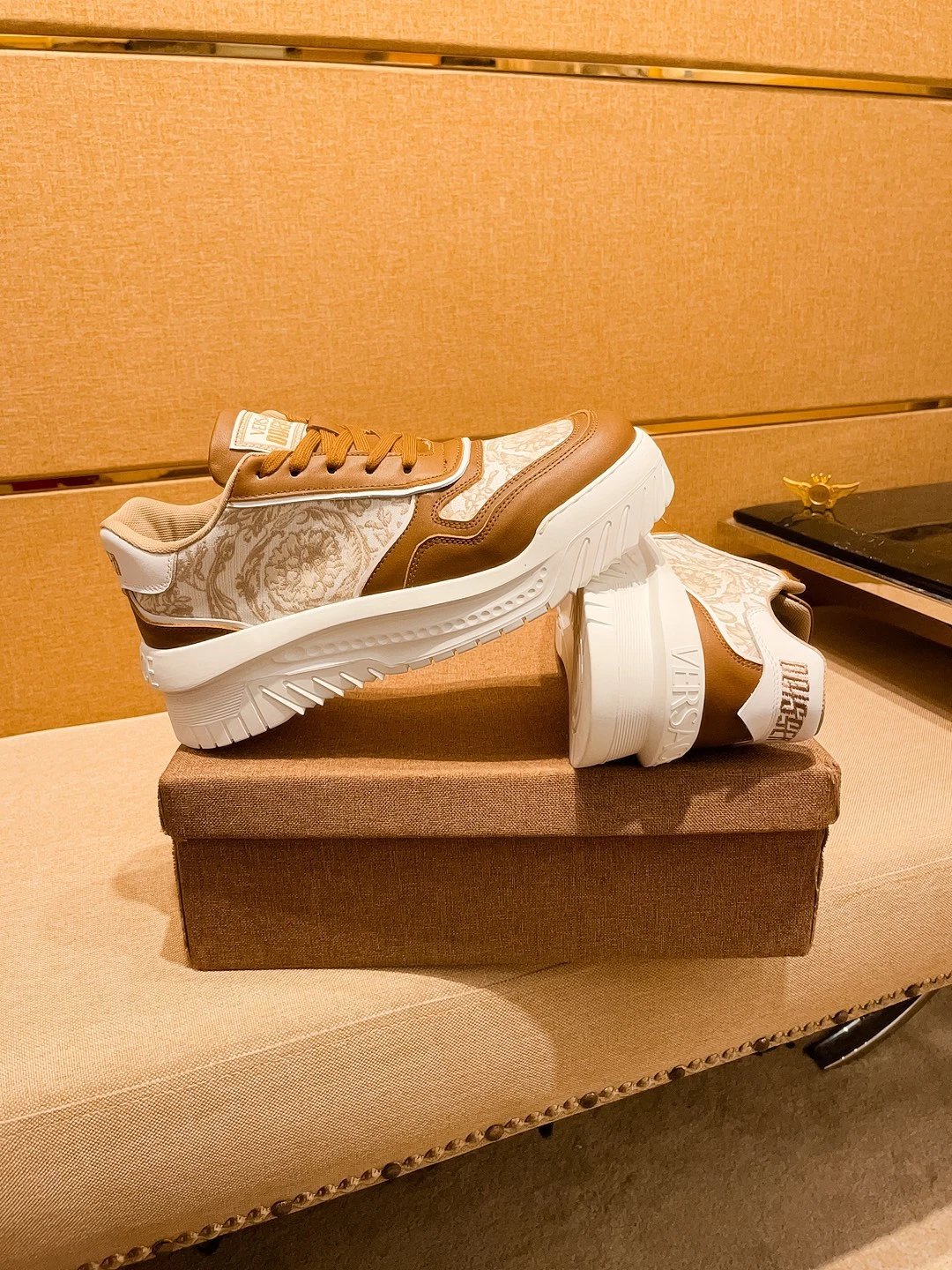 Luxury Leather Sneakers Baroque Camel - Gallery Image 2 - Detailed View