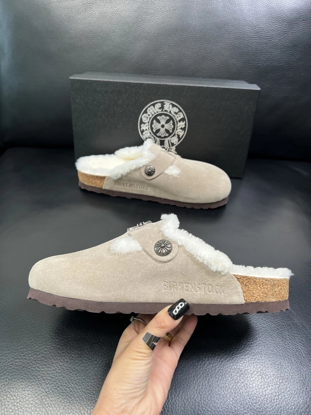 Luxury Suede Shearling Clog Taupe - Gallery Image 5 - Detailed View