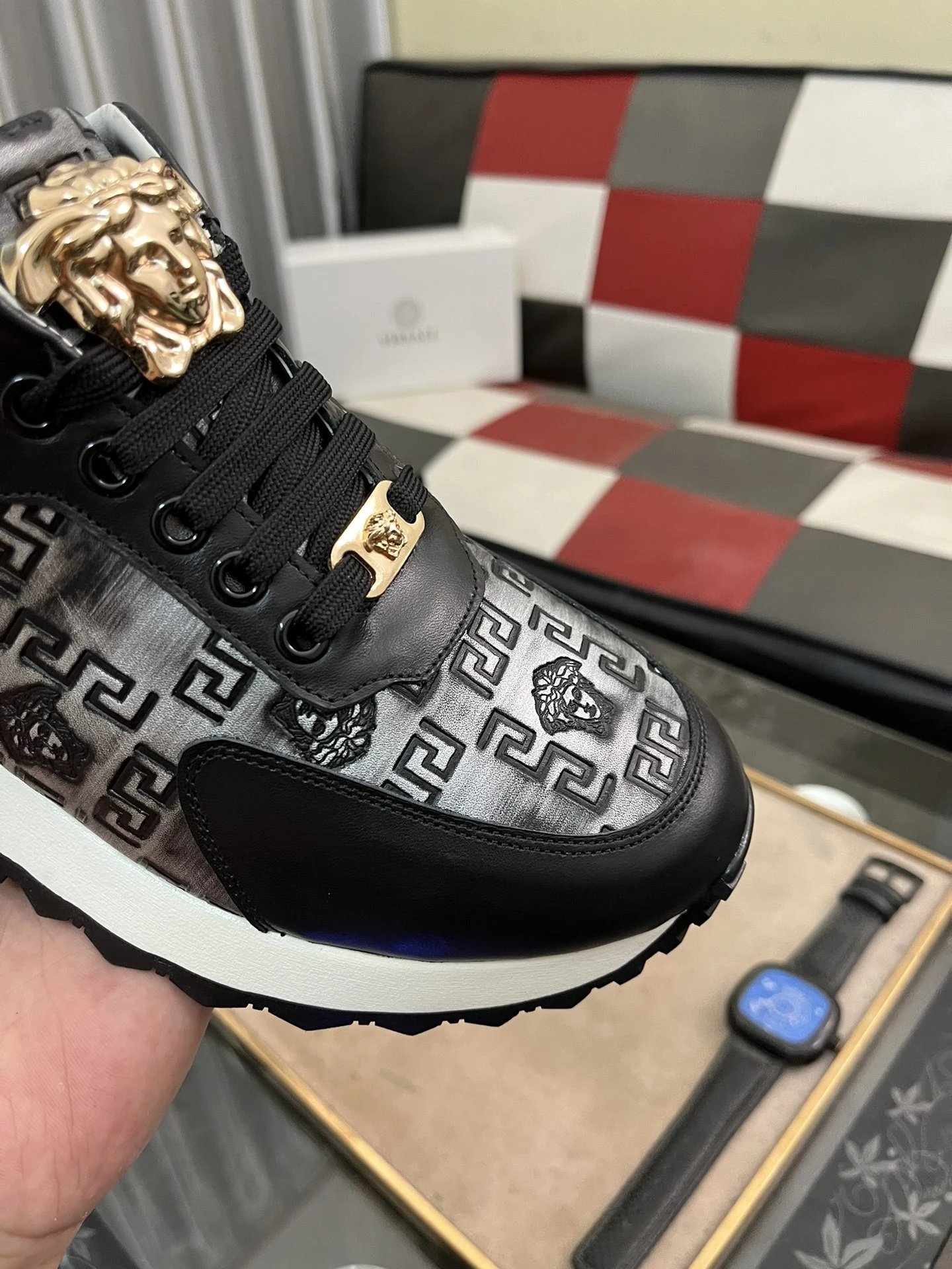 Luxury Leather Sneakers Greek Key Black - Gallery Image 6 - Detailed View