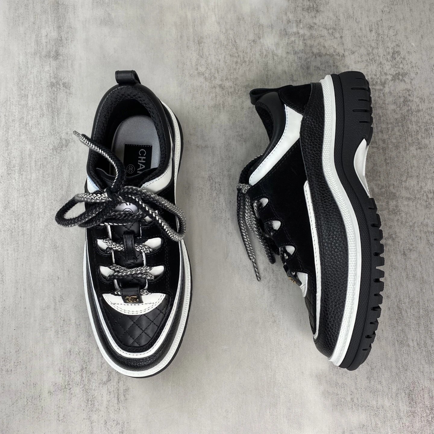 Luxury Leather Platform Sneakers Panda Black Ivory - Gallery Image 3 - Detailed View