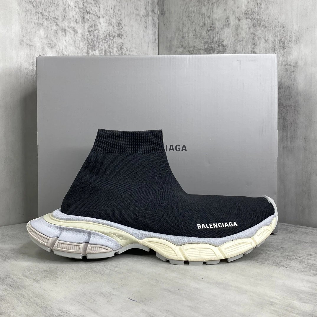 Retro Sock Sneakers Knit High Top Chunky Sole Ebony Black - Gallery Image 1 - Detailed View