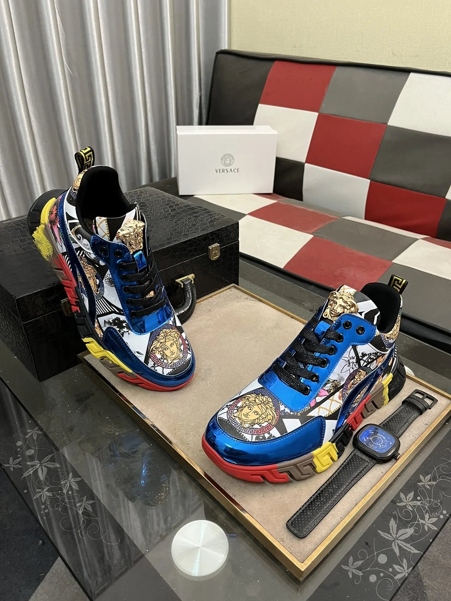 Luxury Leather Fashion Sneakers Multicolor Azure - Gallery Image 3 - Detailed View