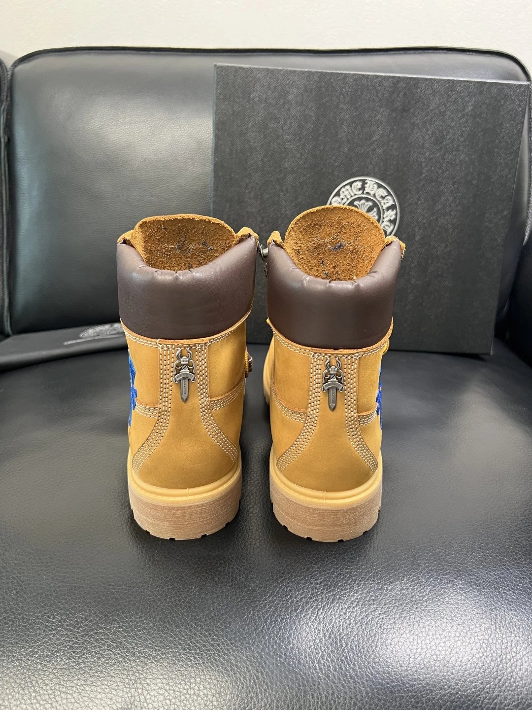 Luxury Leather Work Boots Amber with Royal Blue Cross - Gallery Image 8 - Detailed View