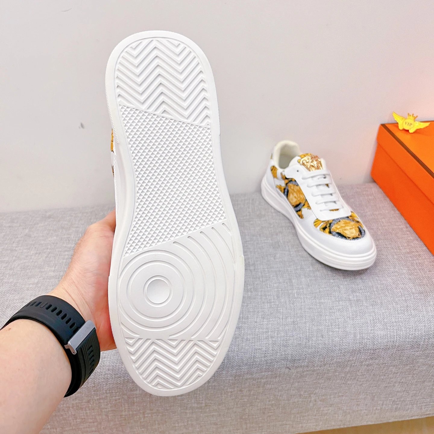 Luxury Leather Low Top Sneakers Baroque Gold White - Gallery Image 8 - Detailed View