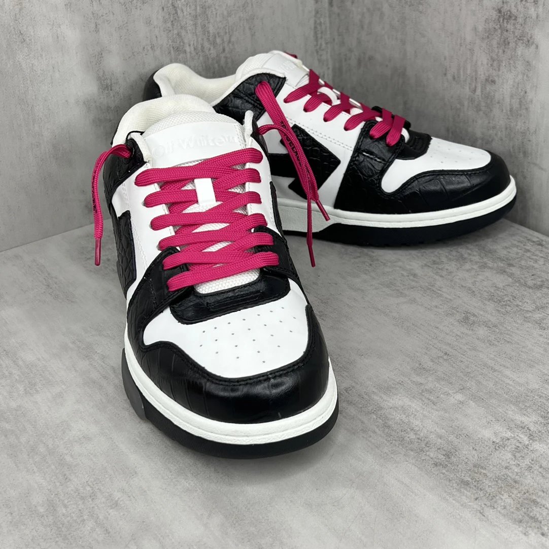 Low Top Croc Embossed Leather Sneakers White Black Magenta - Gallery Image 2 - Detailed View