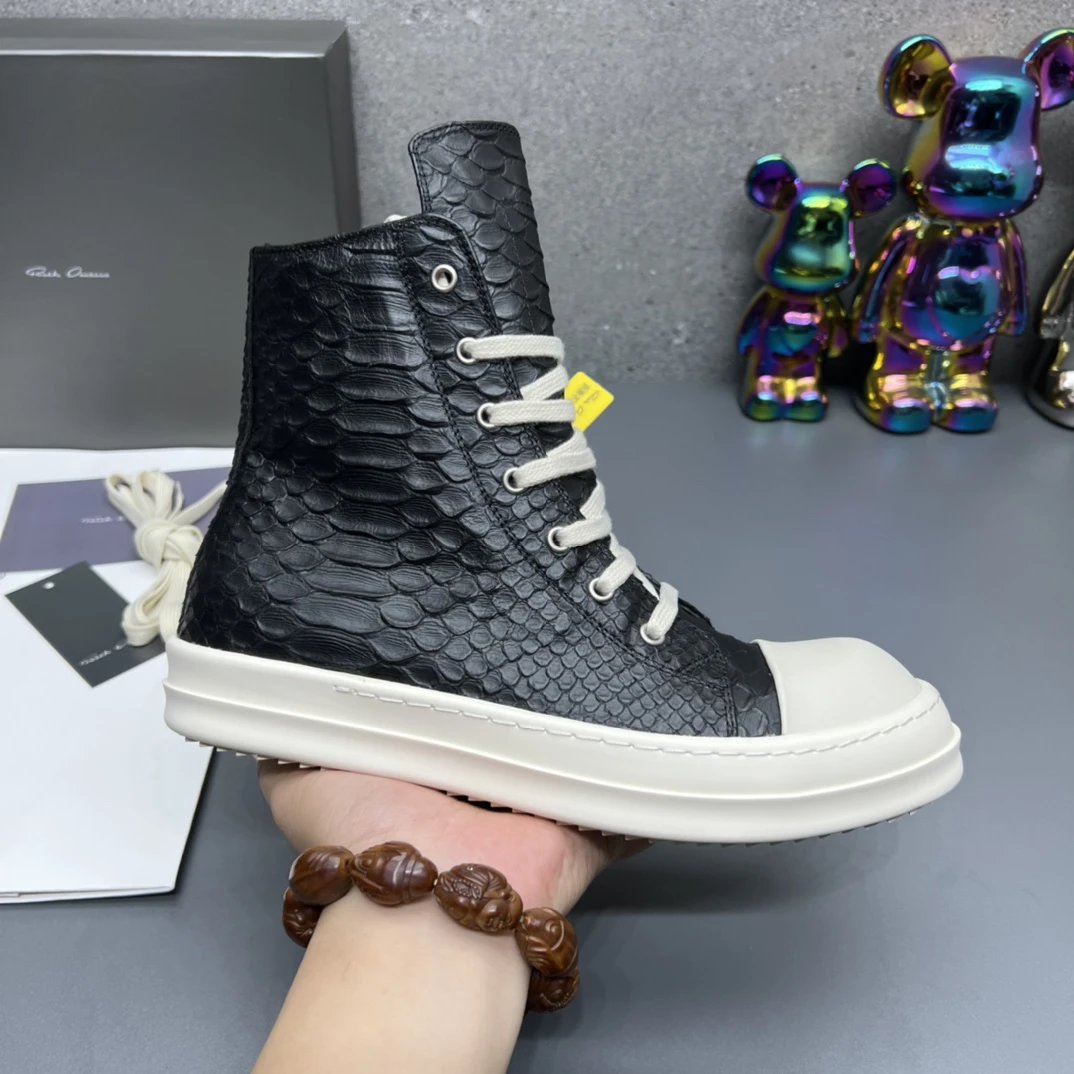 Rick Owens High-Top Embossed Leather Sneakers Black - Gallery Image 1 - Detailed View