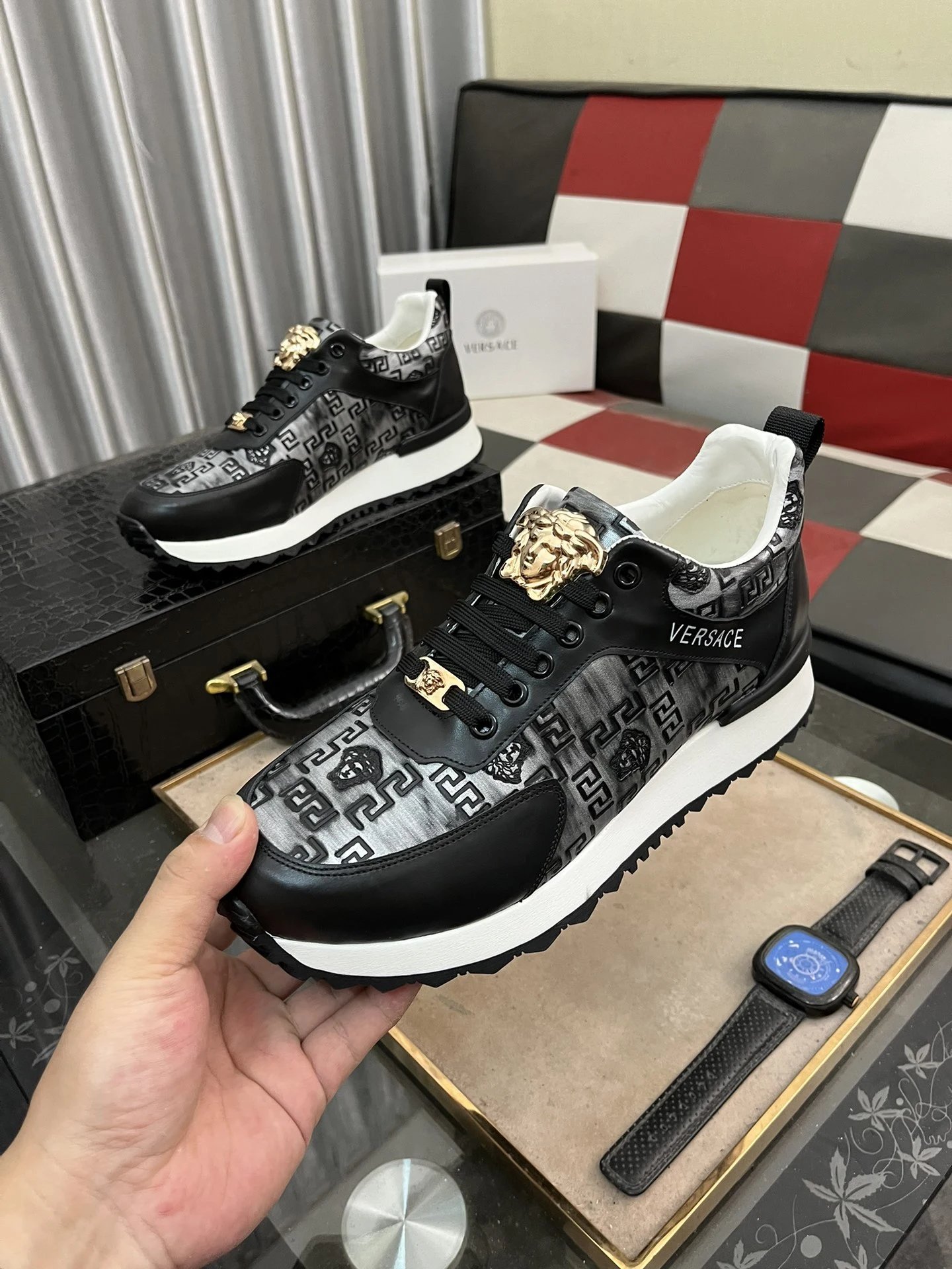 Luxury Leather Sneakers Greek Key Black - Gallery Image 5 - Detailed View