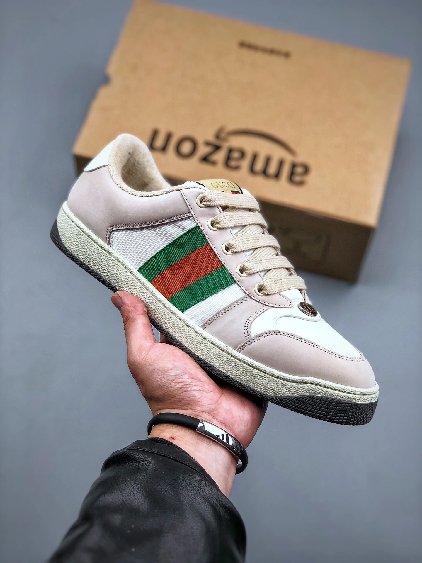 Gucci Distressed Screener Beige Sneakers Green Red - Gucci - Cnfans - $49.68