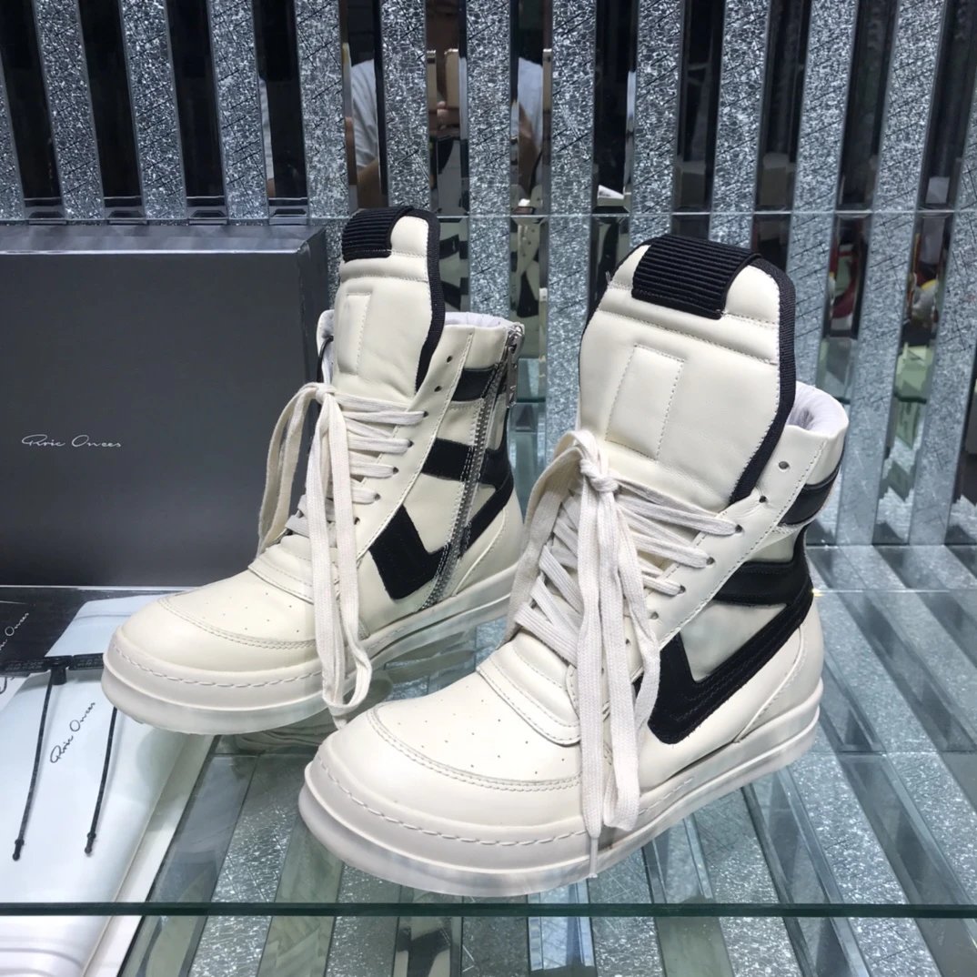 Rick Owens Geobasket Triangular High Tops Sneakers White Black - Gallery Image 2 - Detailed View