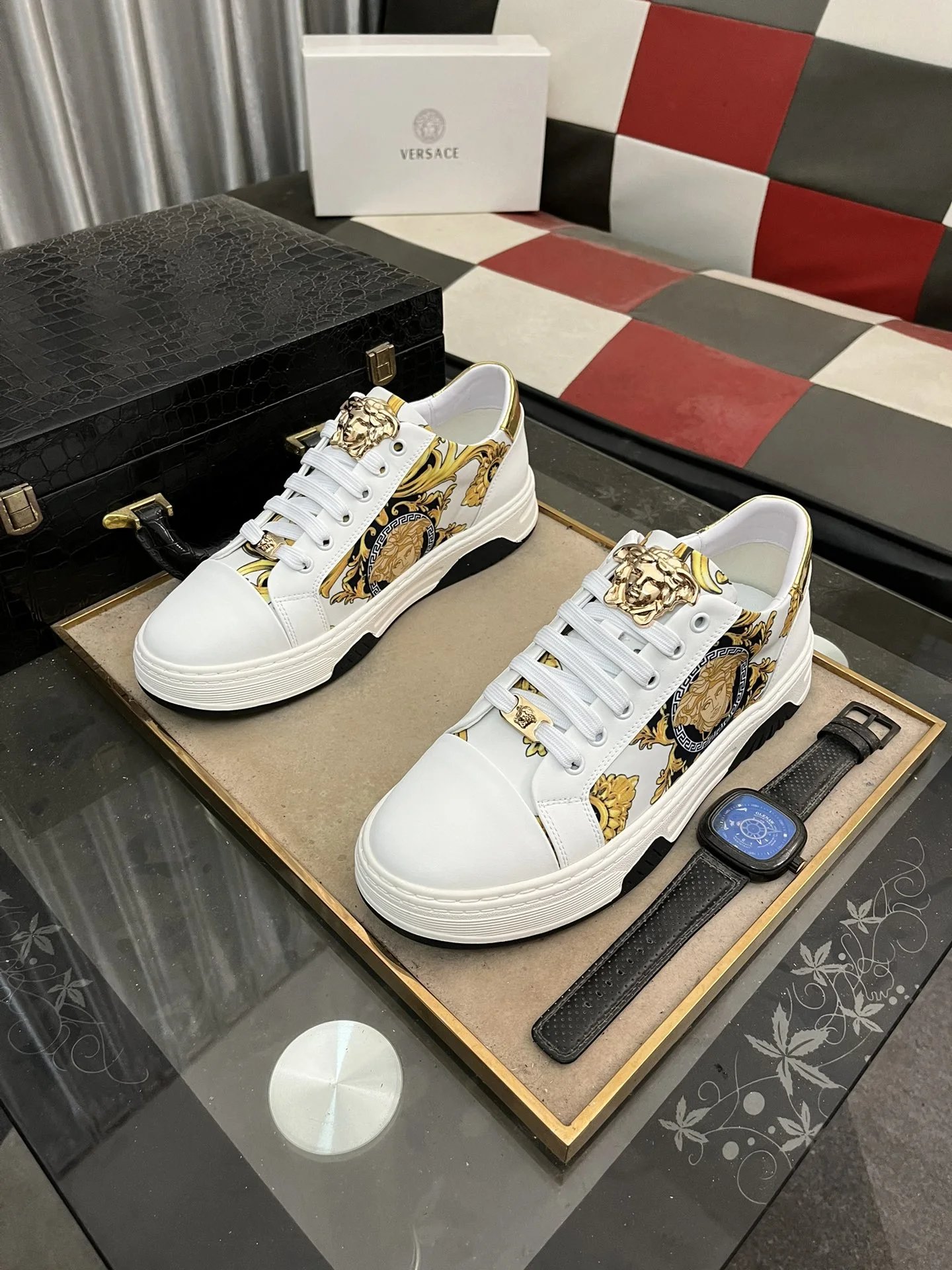 Luxury Leather Low Top Sneakers Baroque White Gold - Gallery Image 2 - Detailed View