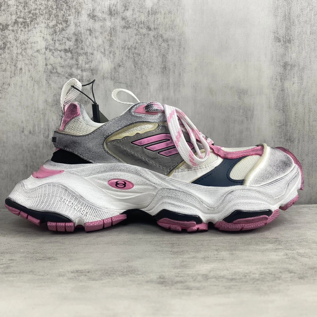 Chunky Retro Cargo Sneakers Mesh Leather Pink Silver - Gallery Image 6 - Detailed View