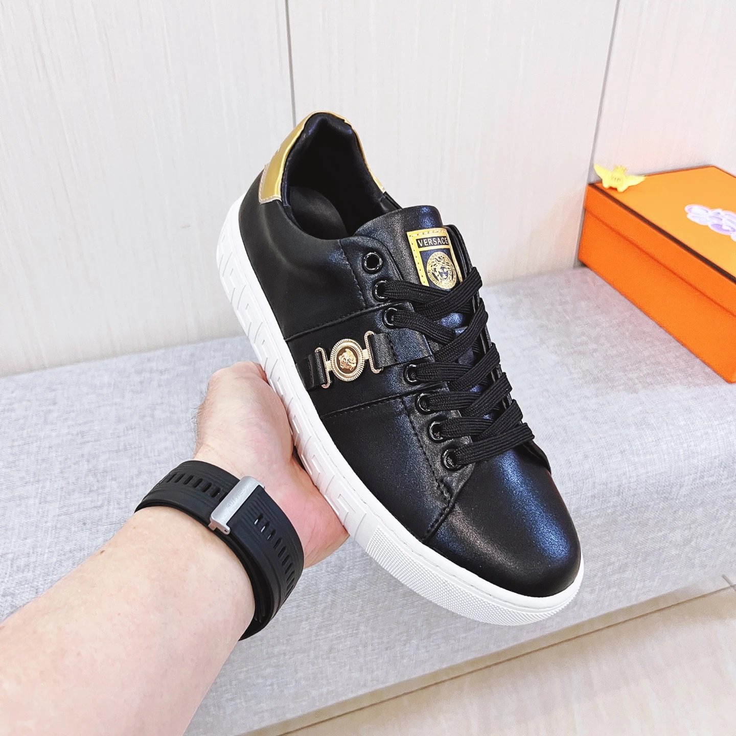 Luxury Leather Sneakers Gold Black - Gallery Image 6 - Detailed View