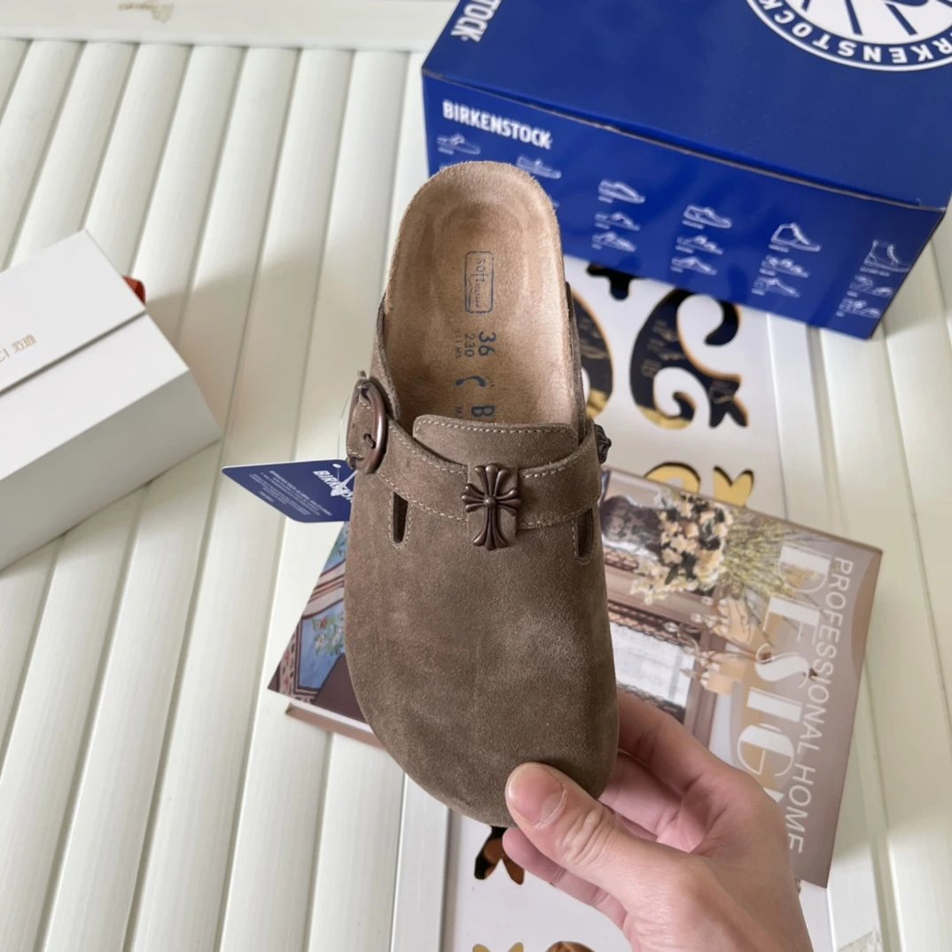 Suede Cross Buckle Closed Toe Clogs Unisex Mocha - Gallery Image 8 - Detailed View