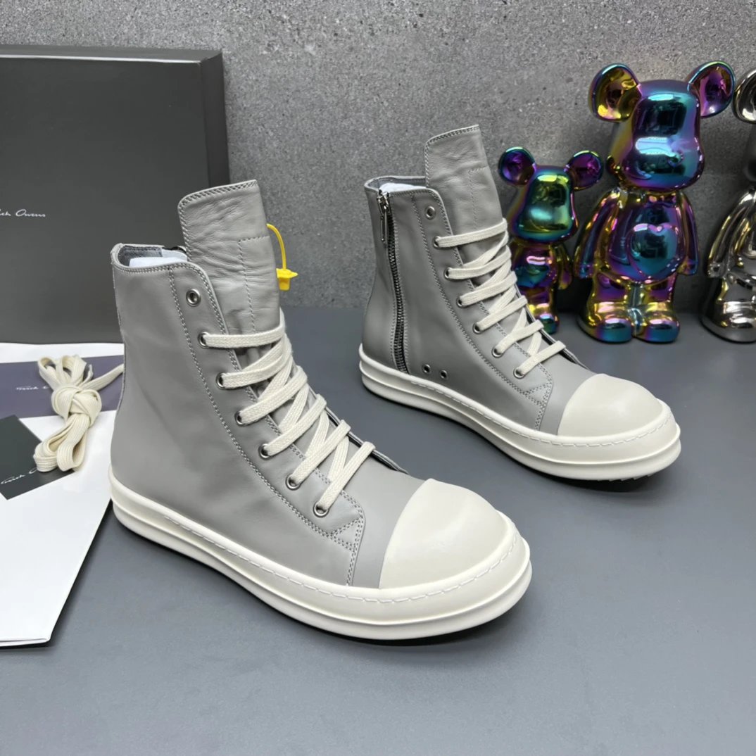 Rick Owens Leather High-Top Sneakers Grey - Gallery Image 4 - Detailed View