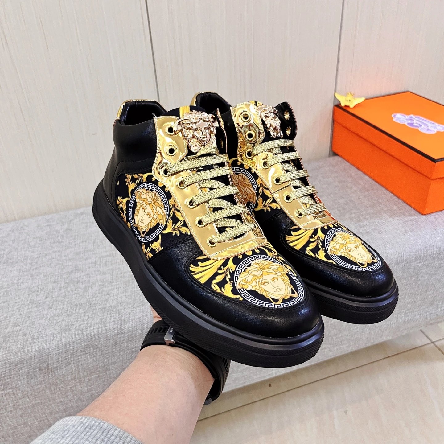 Baroque Leather High Top Sneakers Gold Black - Gallery Image 4 - Detailed View