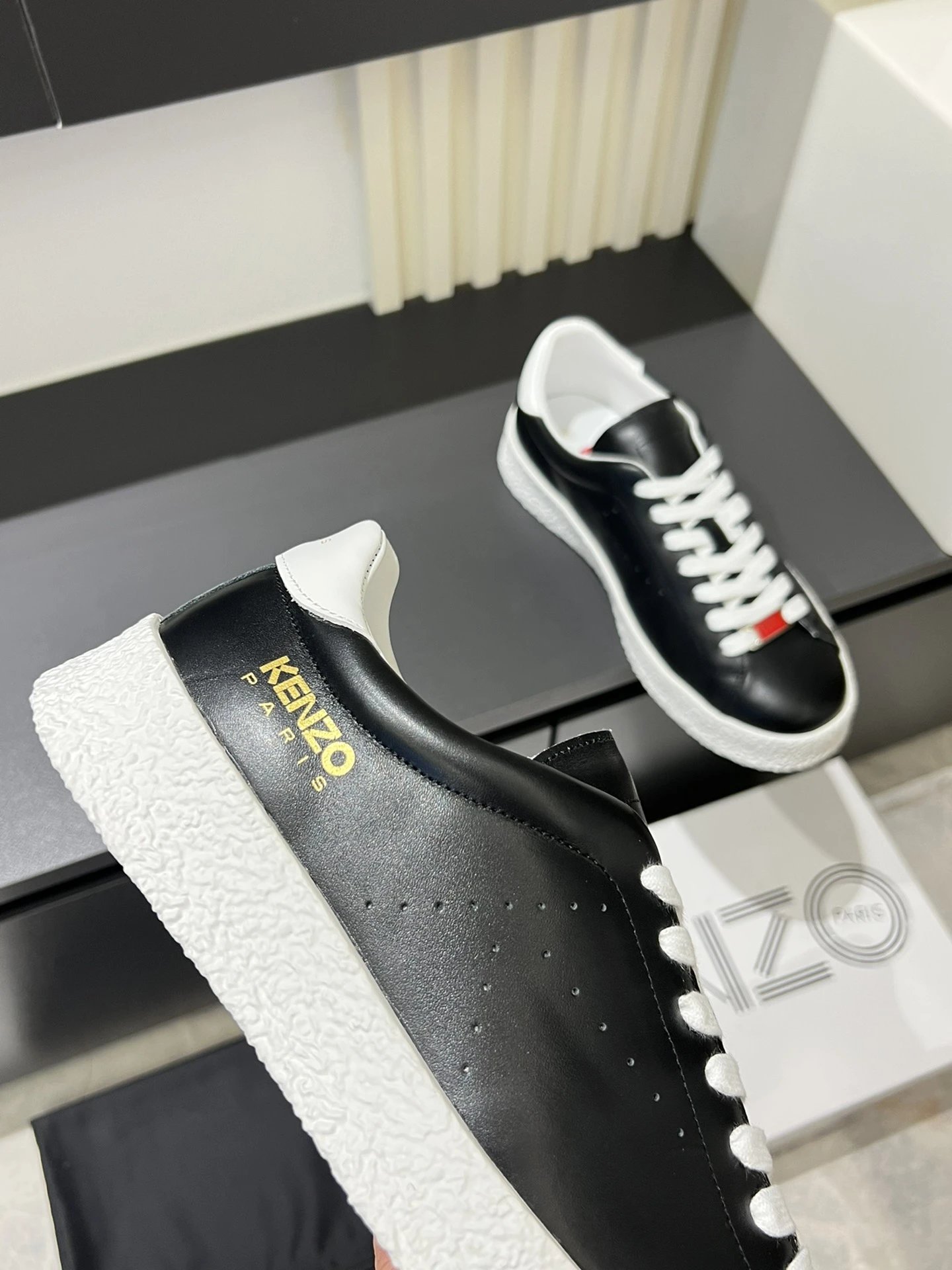 Kenzo Black Leather Sneakers White Accent - Gallery Image 8 - Detailed View