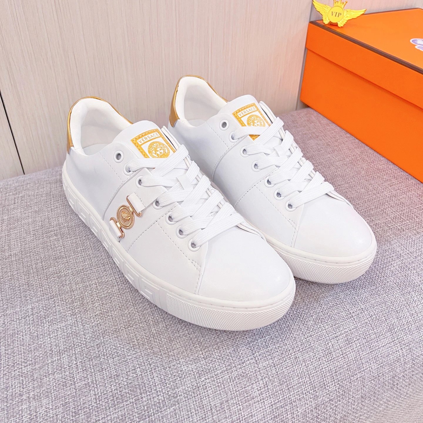 Luxury Leather Sneakers Gold White - Gallery Image 2 - Detailed View